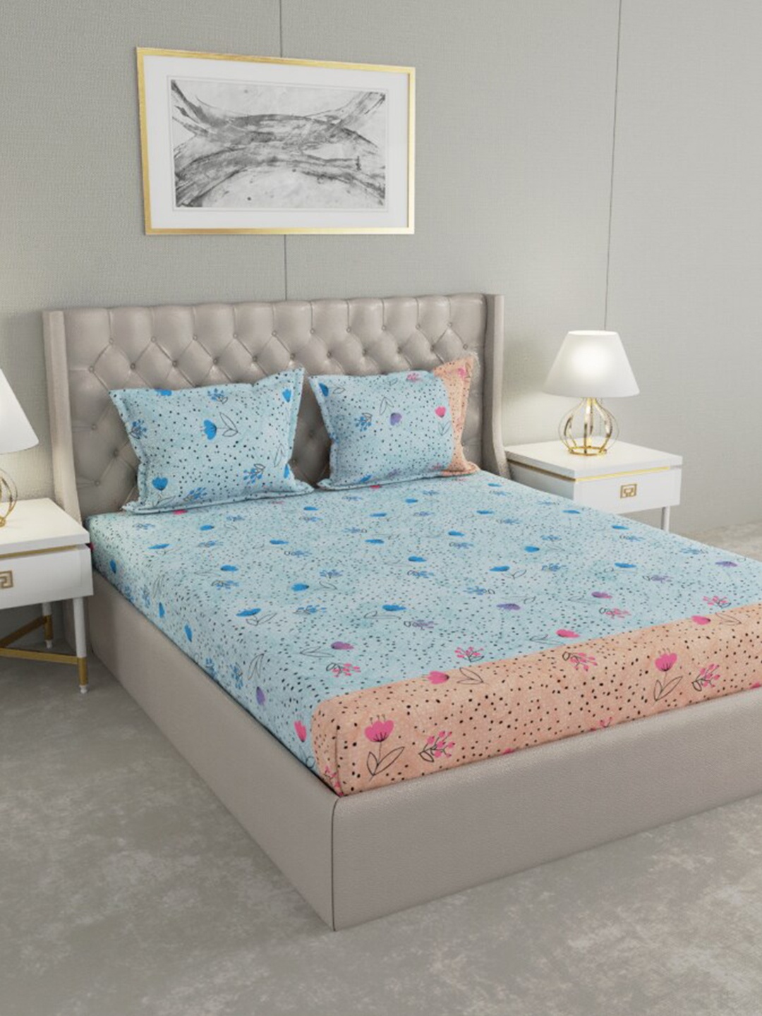 

Raymond Home Blue & Pink Floral 200 TC King Bedsheet with 2 Pillow Covers