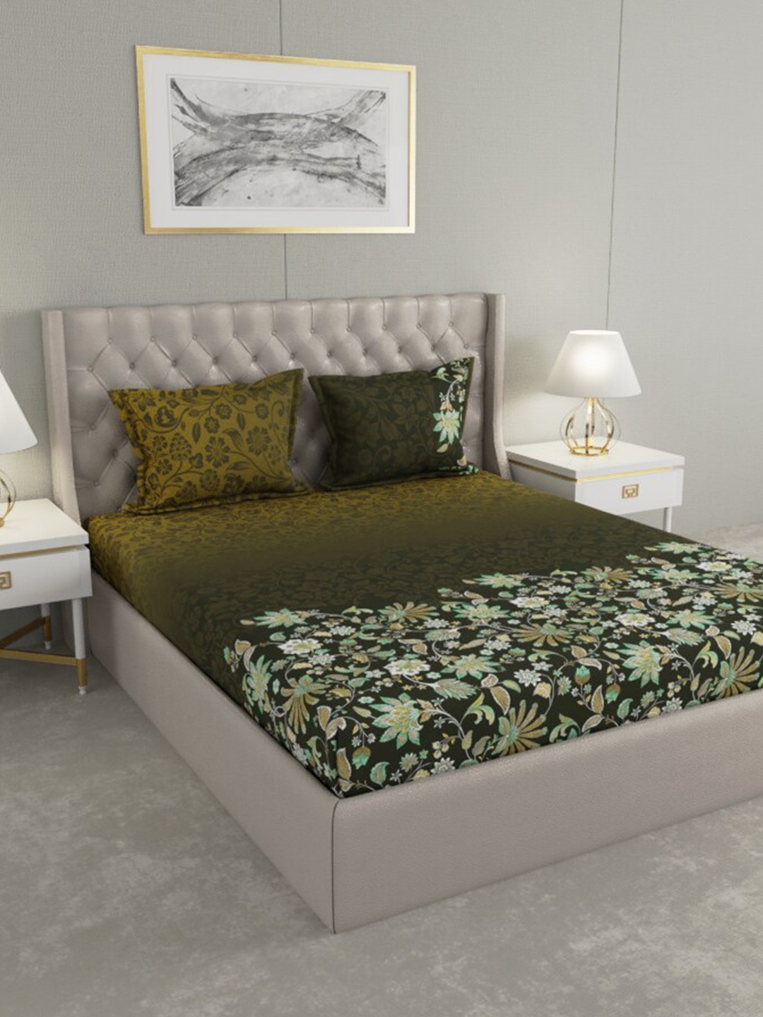 

Raymond Home Olive Green & White Floral 200 TC Cotton King Bedsheet with 2 Pillow Covers