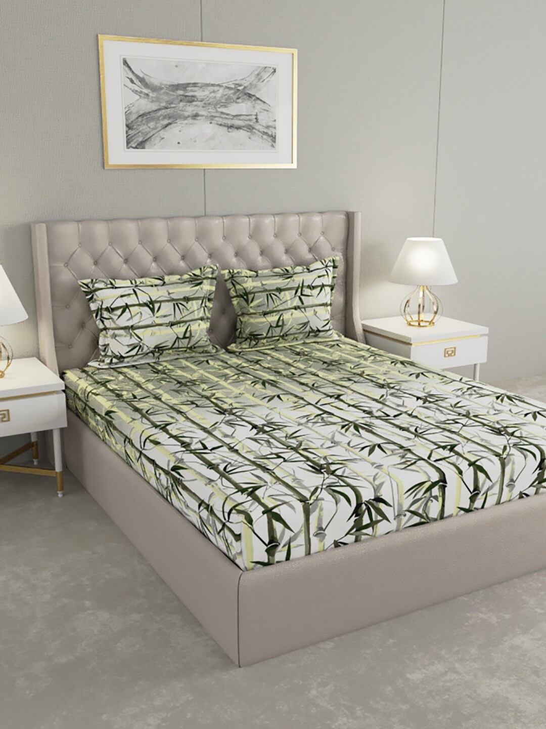 

Raymond Home White & Green Floral 200 TC King Bedsheet with 2 Pillow Covers