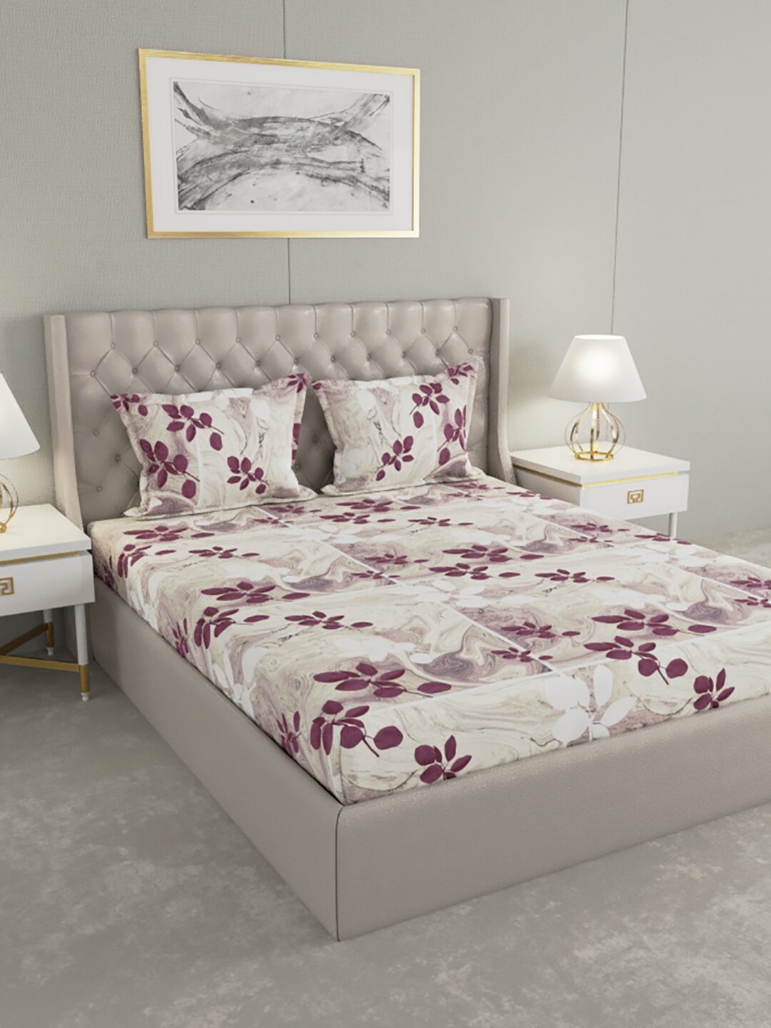 

Raymond Home White & Burgundy Floral 200 TC King Bedsheet with 2 Pillow Covers