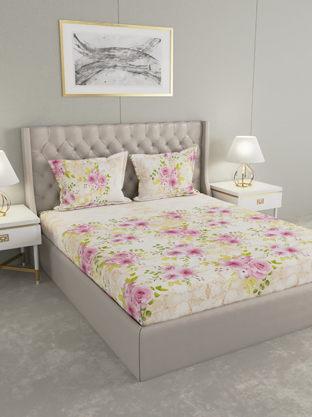 

Raymond Home White & Pink Floral 200 TC King Bedsheet with 2 Pillow Covers
