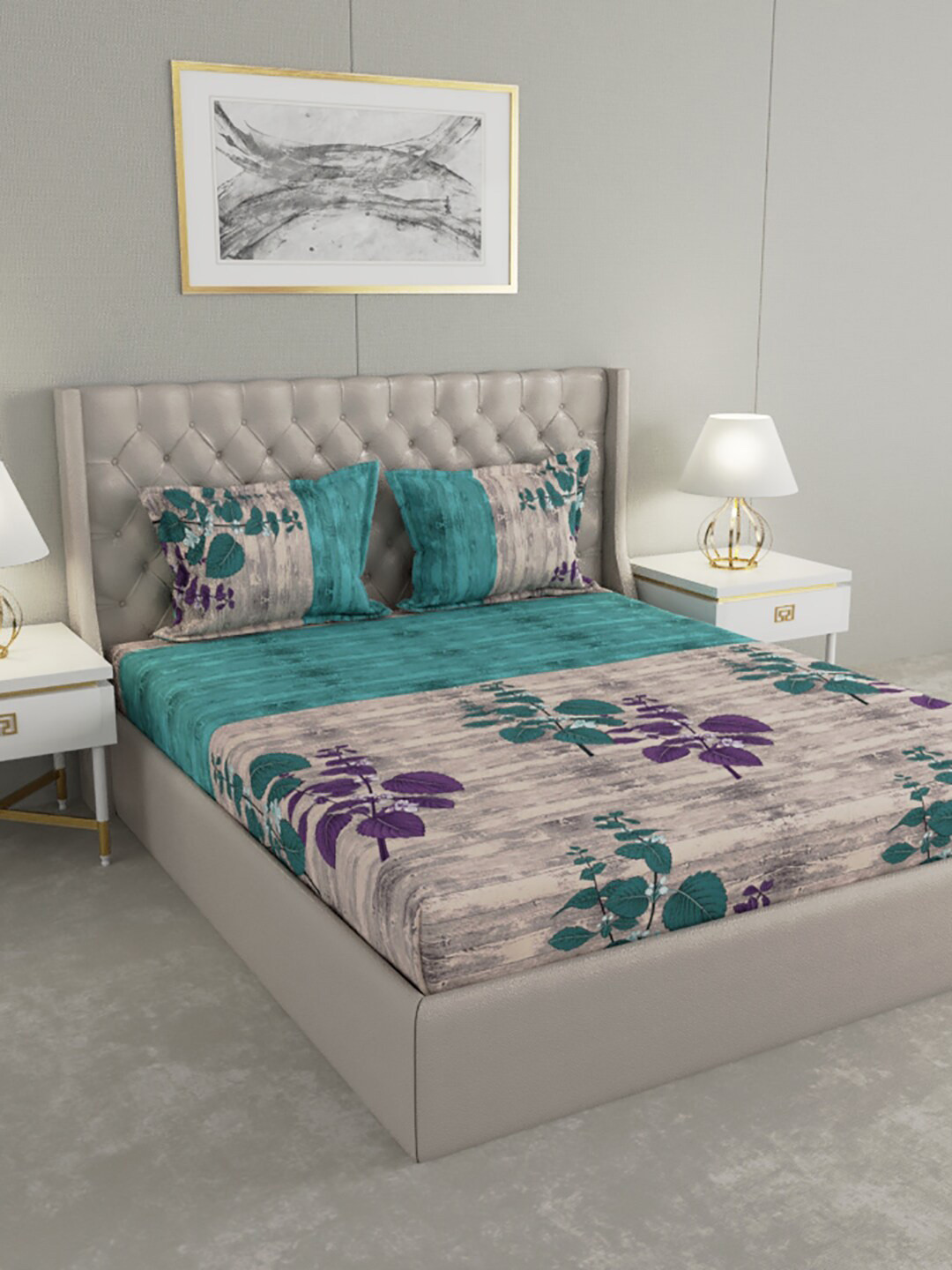 

Raymond Home Beige & Blue 200 TC King Floral Printed Cotton Bedsheet with 2 Pillow Covers