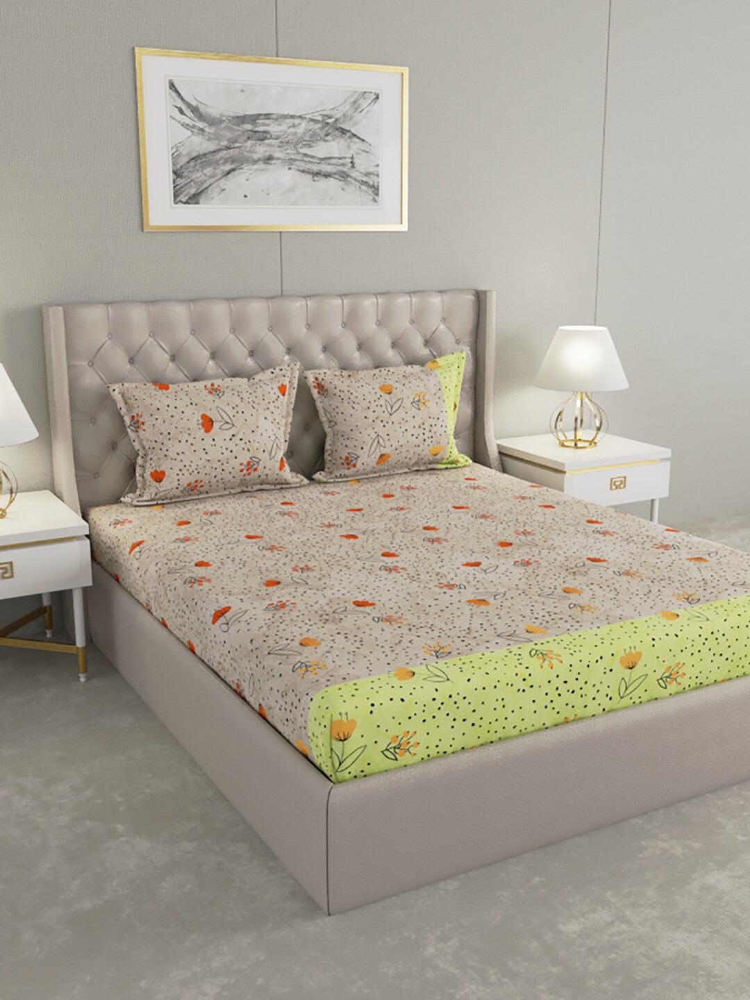 

Raymond Home Beige & Orange Floral 200 TC Cotton King Bedsheet with 2 Pillow Covers