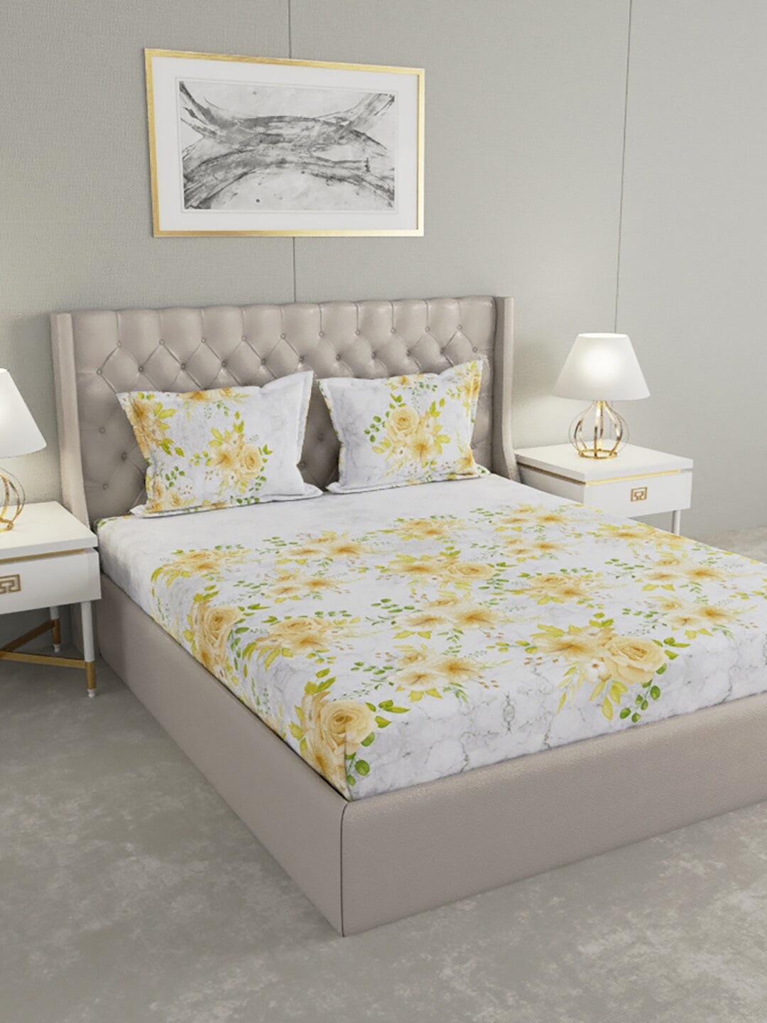 

Raymond Home White & Yellow Floral 200 TC King Bedsheet with 2 Pillow Covers