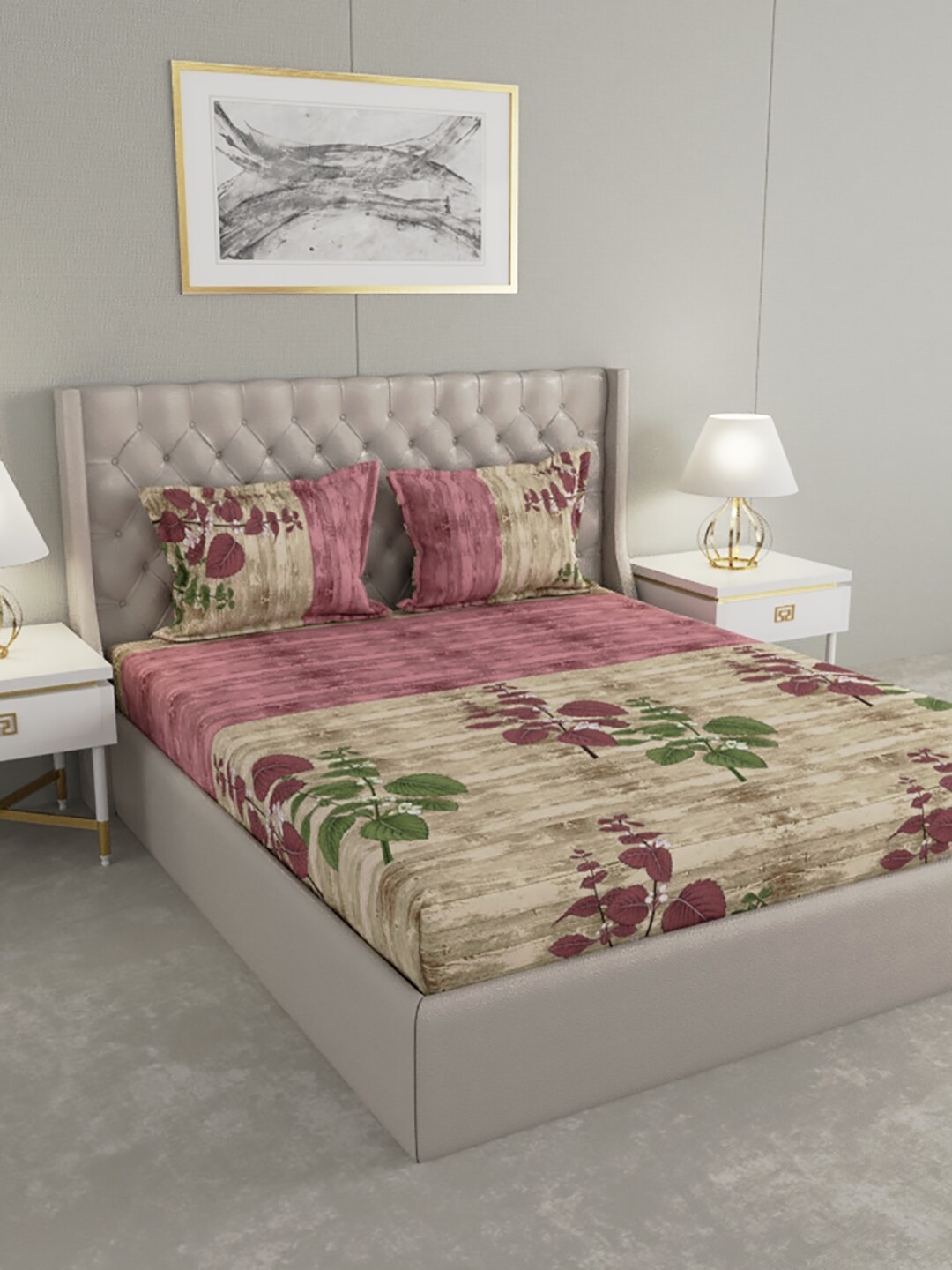 

Raymond Home Beige & Pink Floral 200 TC King Bedsheet with 2 Pillow Covers