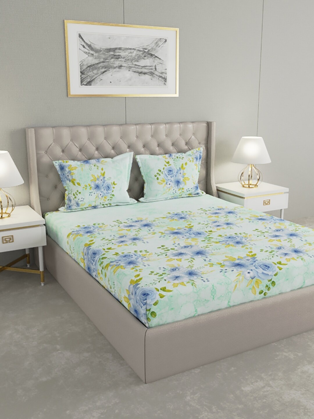 

Raymond Home Blue & Green Floral 200 TC King Bedsheet with 2 Pillow Covers