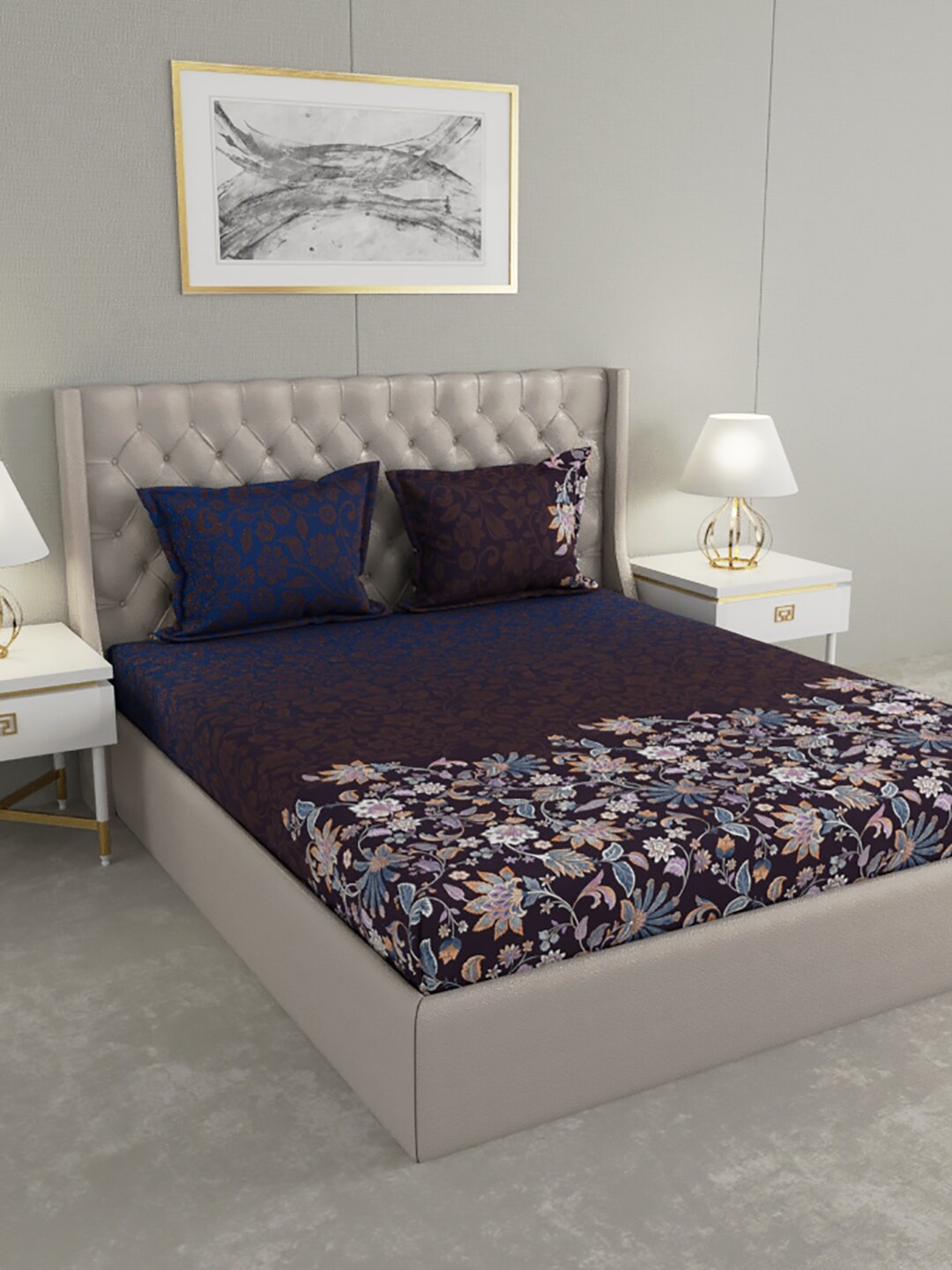 

Raymond Home Navy Blue & Brown Floral 200 TC King Bedsheet with 2 Pillow Covers