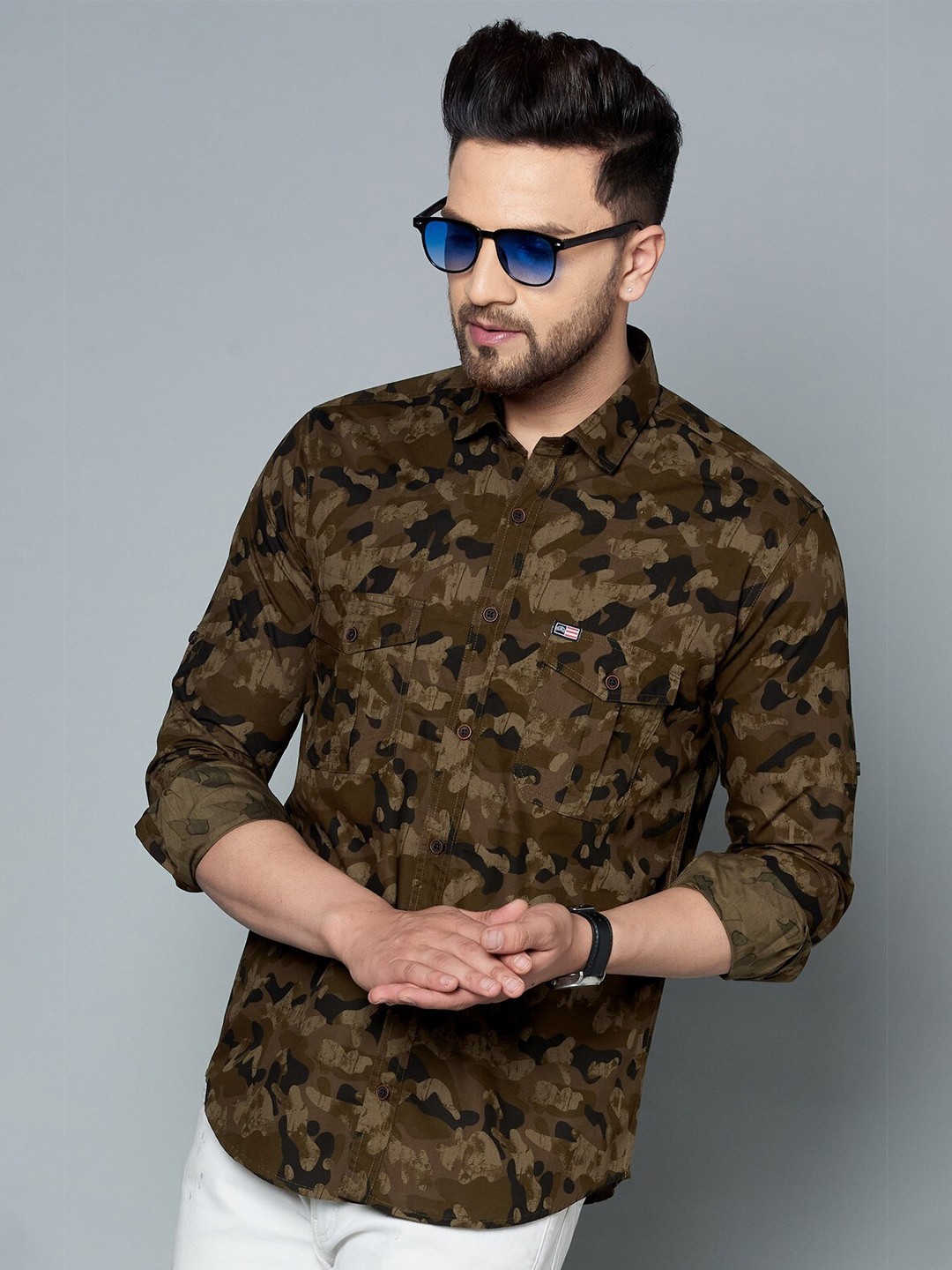 

MR KAMEEJ Men Green Classic Slim Fit Printed Casual Shirt