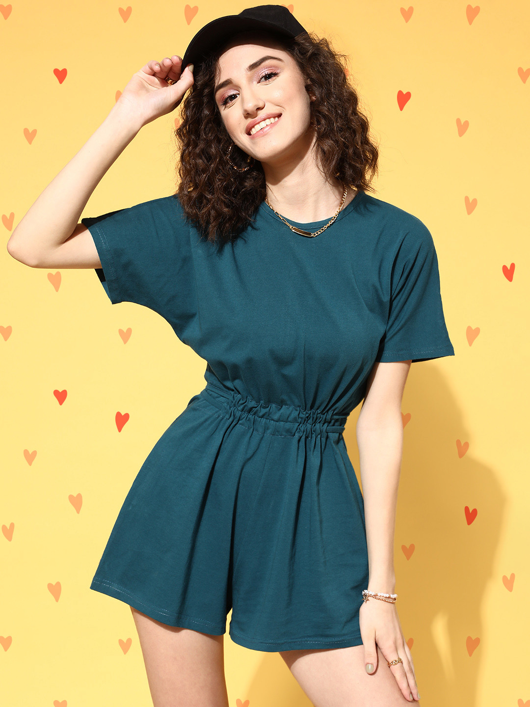

Masha Women Teal Green Solid Pure Cotton Night Jumpsuit