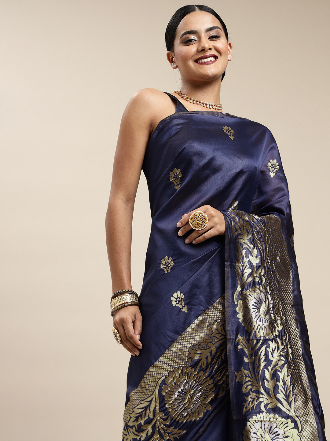 

Mitera Navy Blue & Silver Ethnic Motifs Zari Silk Blend Saree
