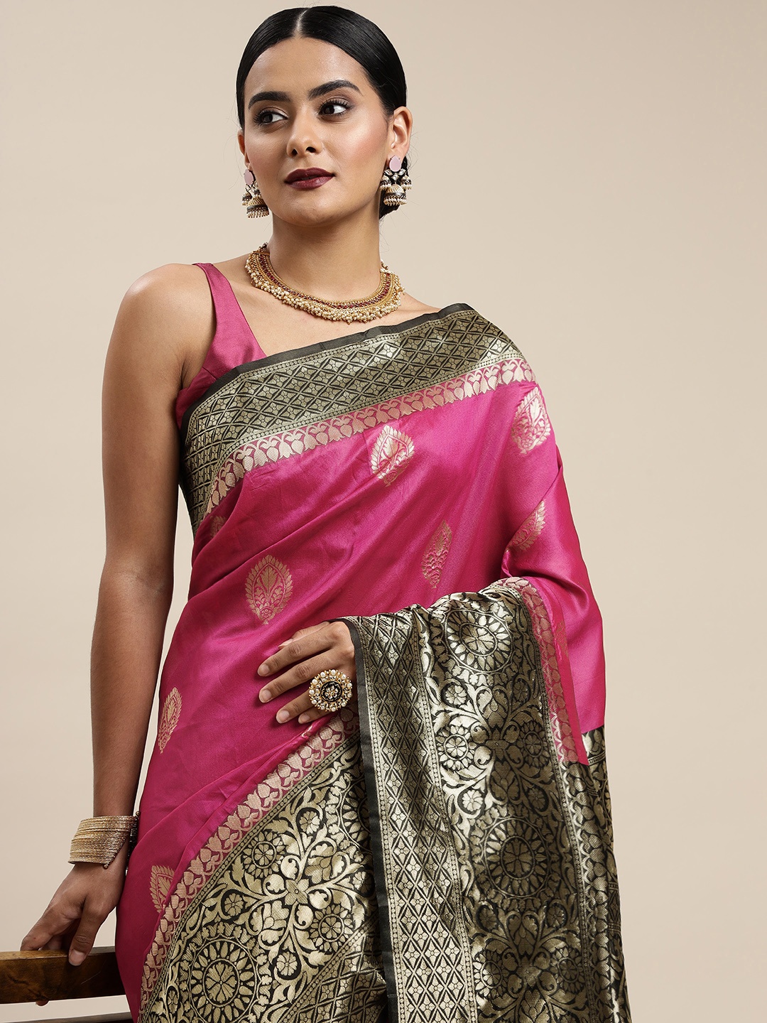

Mitera Pink & Black Ethnic Motifs Zari Silk Blend Saree