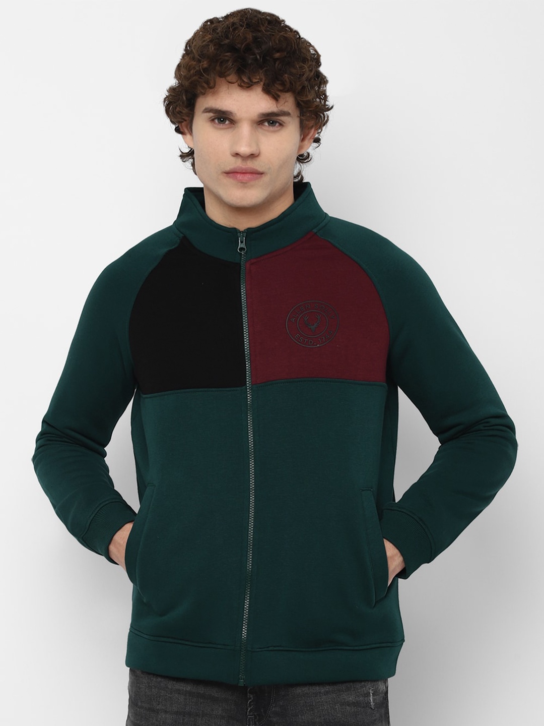 

Allen Solly Men Green & Maroon Colourblocked Sweatshirt