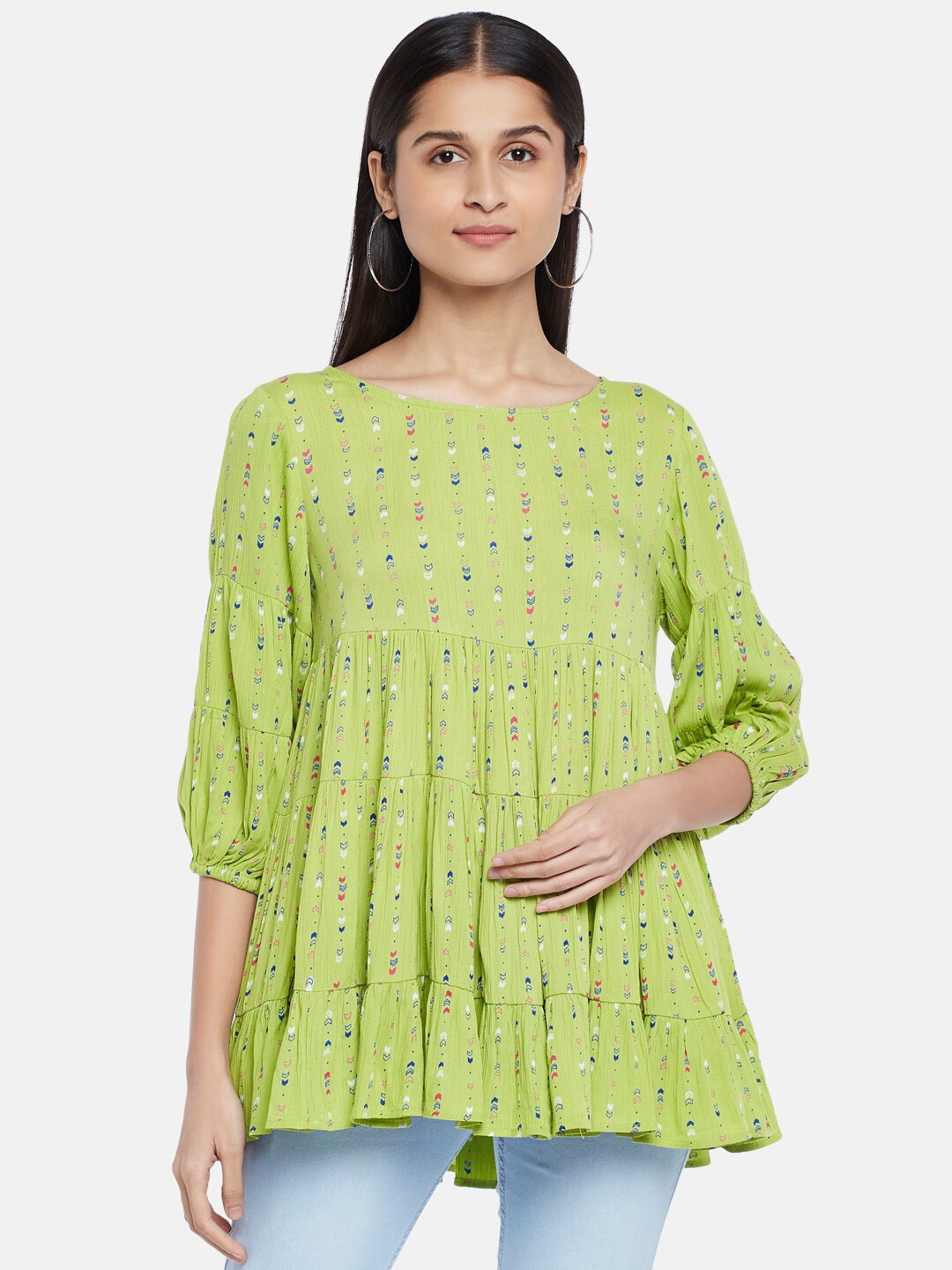 

People Lime Green Geometric Print Tiered Top