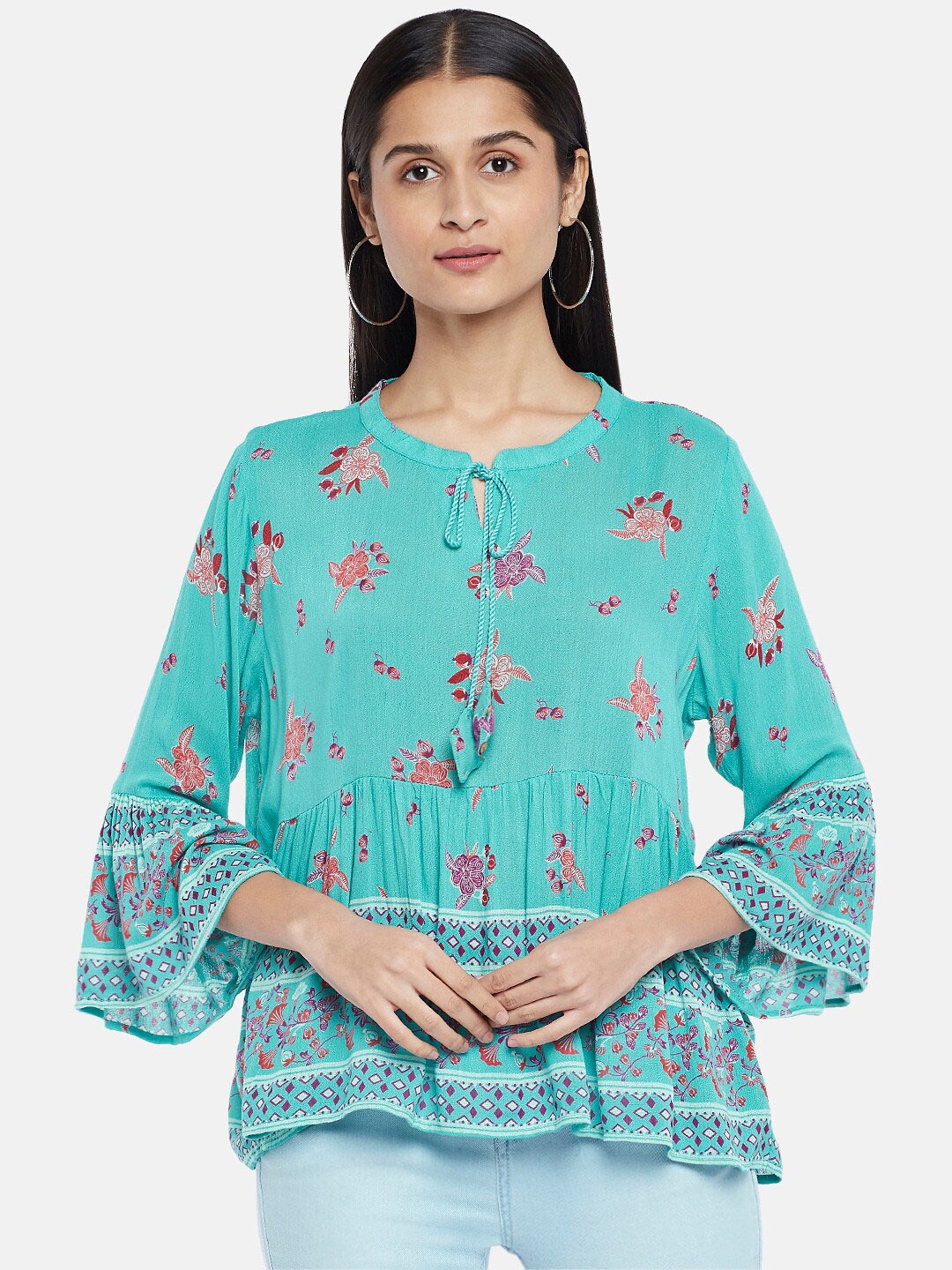 

People Blue Floral Print Tie-Up Neck Crepe Top