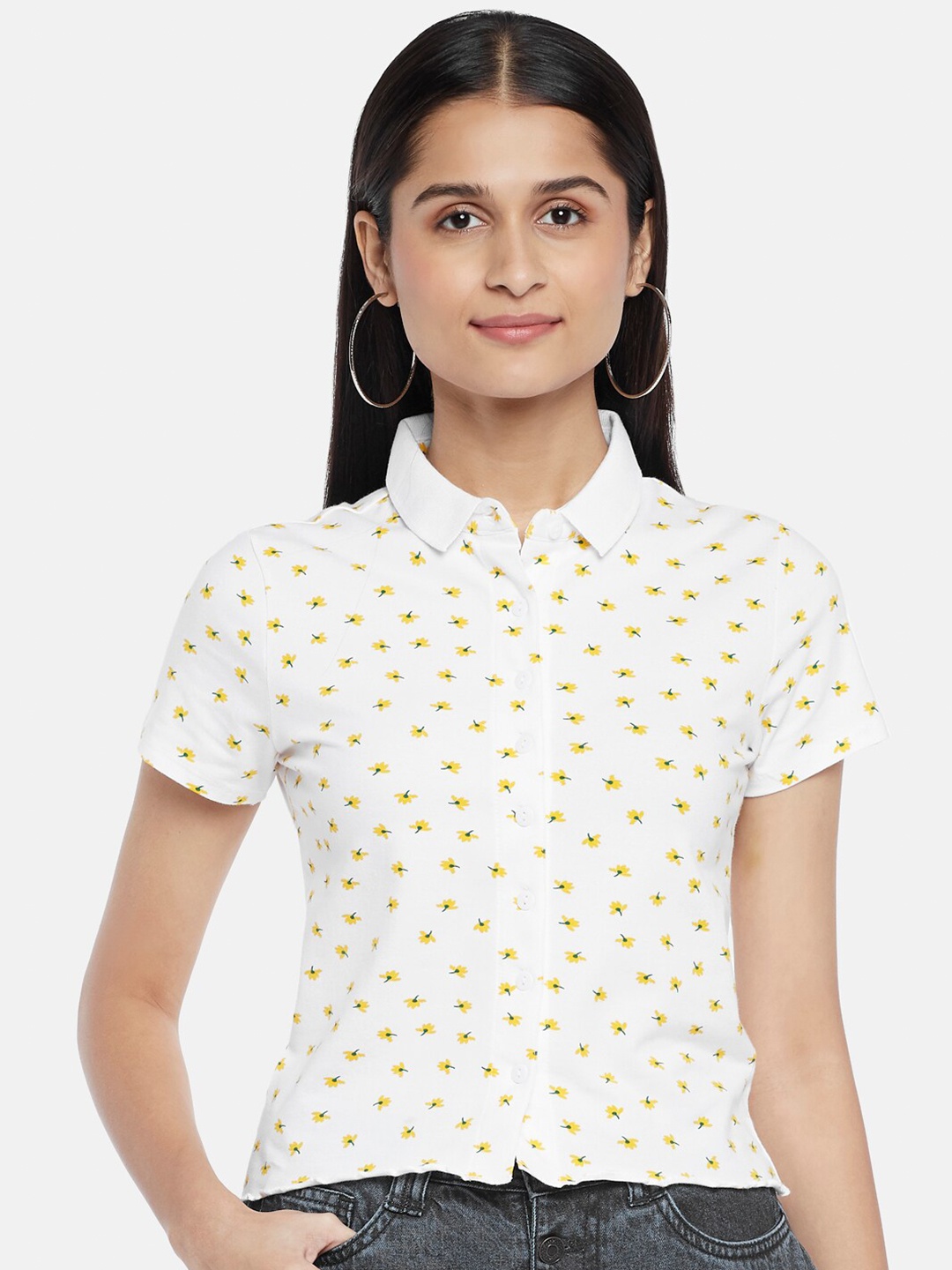 

People White & Yellow Floral Print Cotton Shirt Style Crop Top
