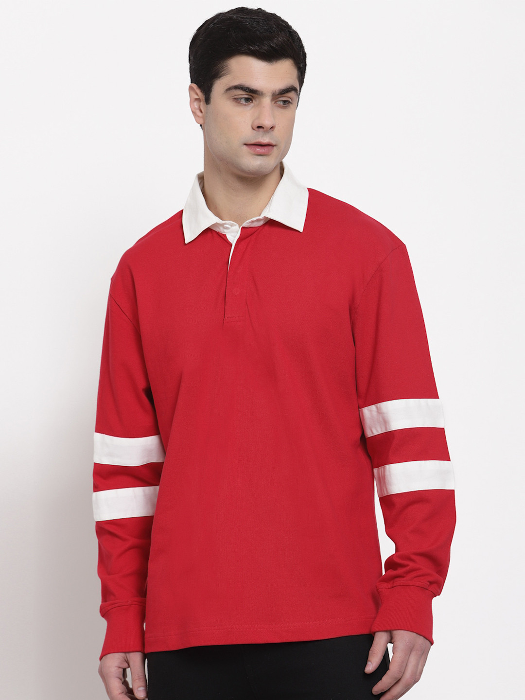 

PAUSE SPORT Men Red & White Polo Collar Pure Cotton Antimicrobial Boxy T-shirt