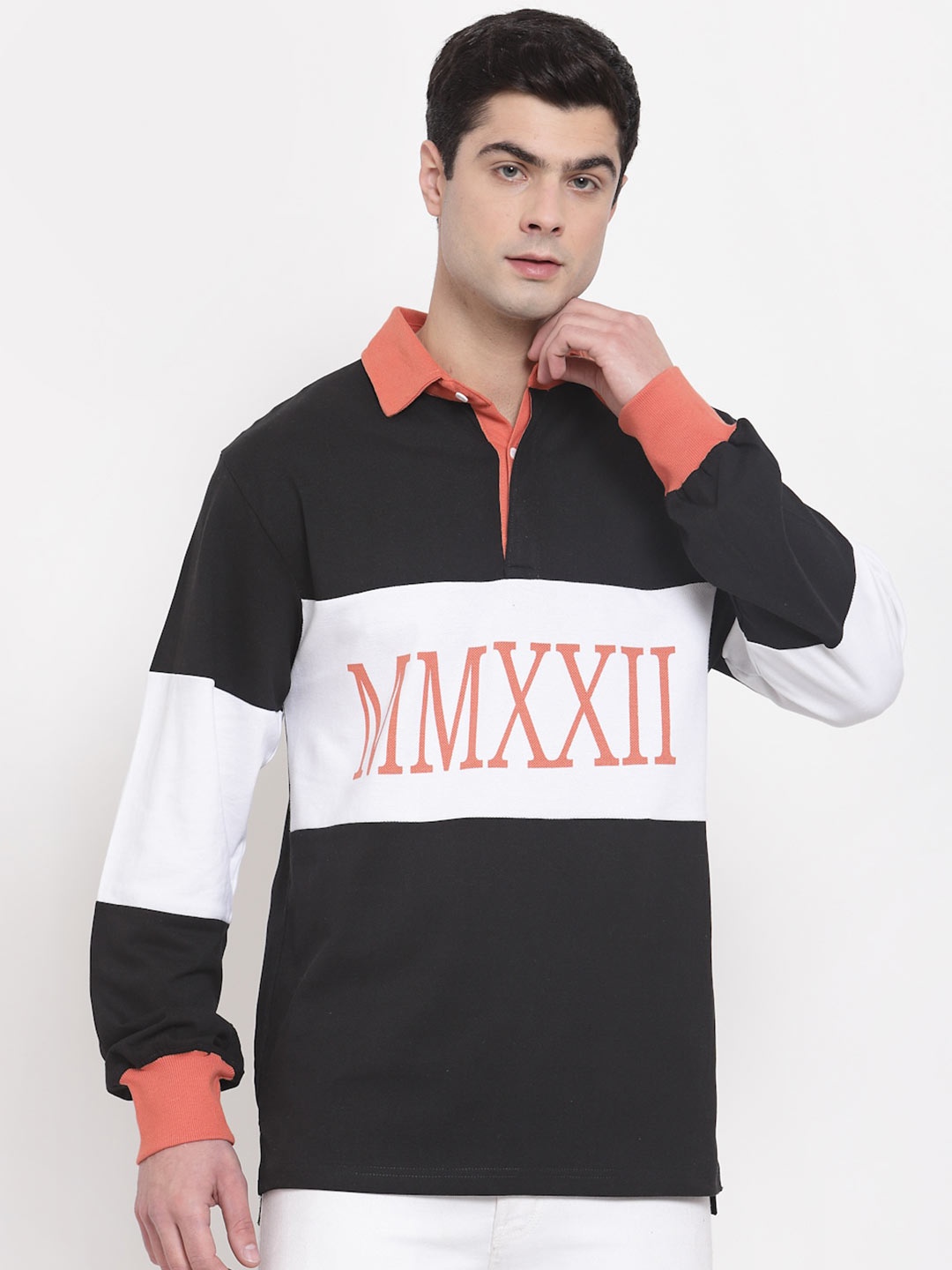 

PAUSE SPORT Men Black & Orange Colourblocked Polo Collar Pure Cotton Boxy T-shirt