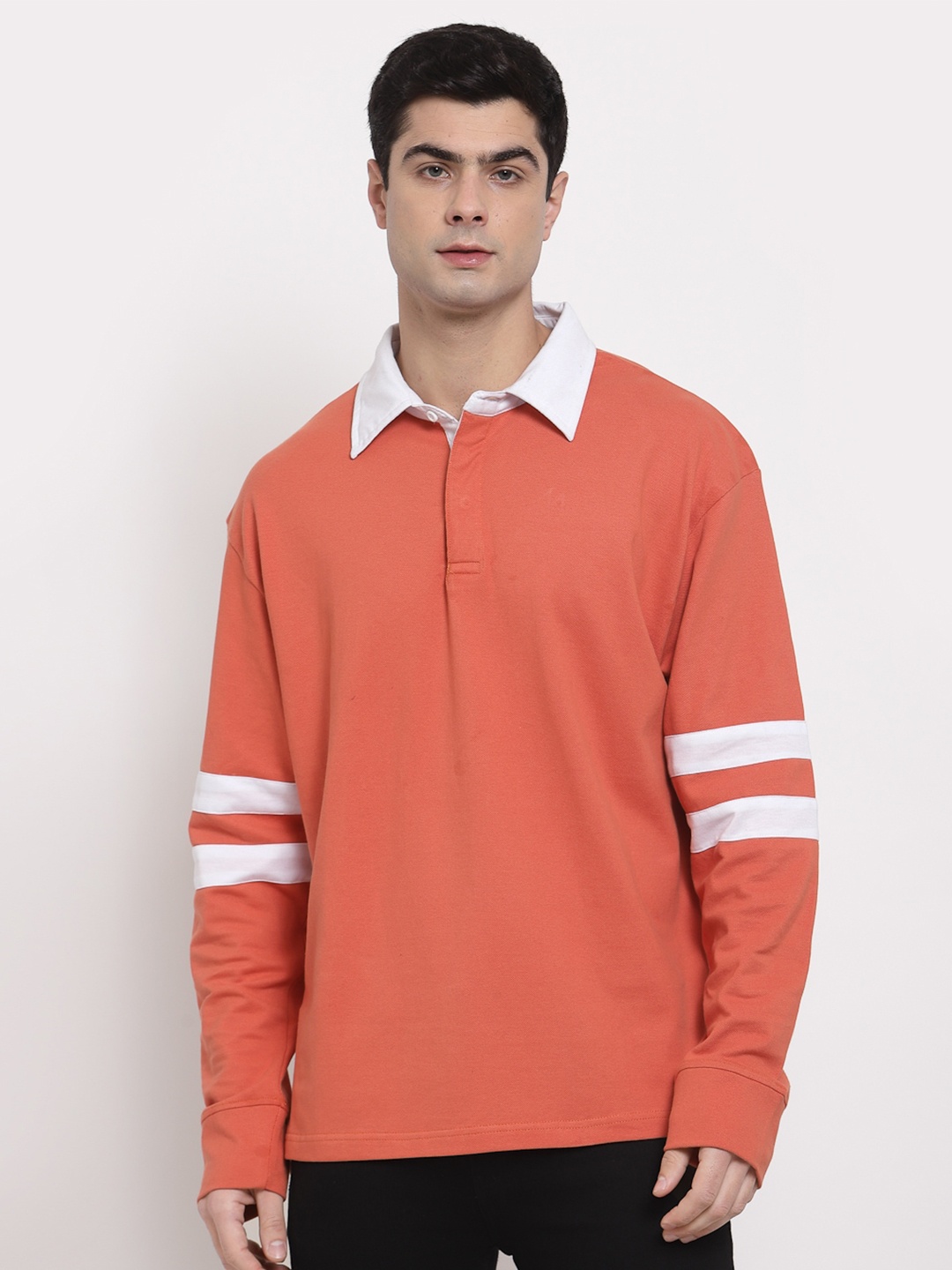 

PAUSE SPORT Men Orange & White Polo Collar Pure Cotton Antimicrobial Boxy Outdoor T-shirt