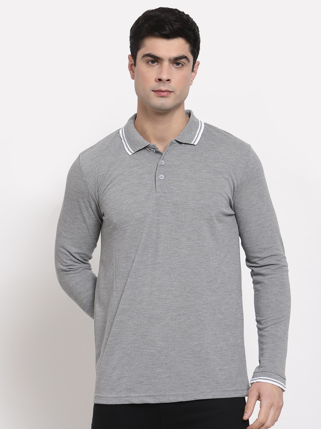 

PAUSE SPORT Men Grey Polo Collar Pure Cotton Antimicrobial Slim Fit T-shirt