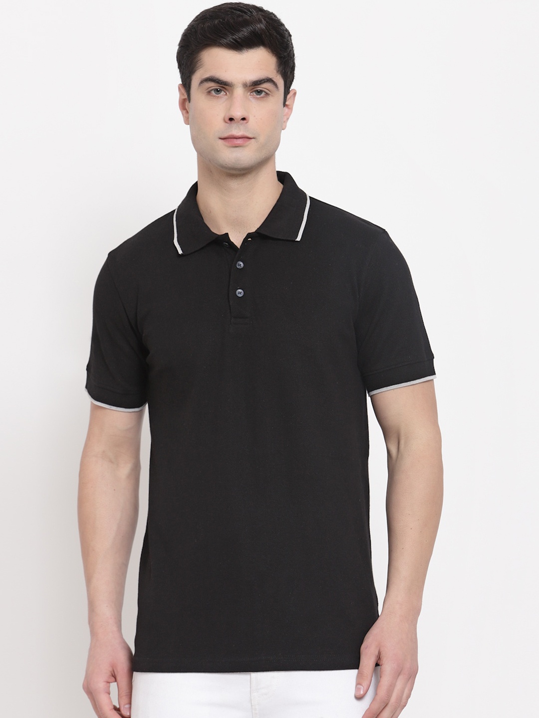 

PAUSE SPORT Men Black Polo Collar Pure Cotton Antimicrobial Slim Fit T-shirt
