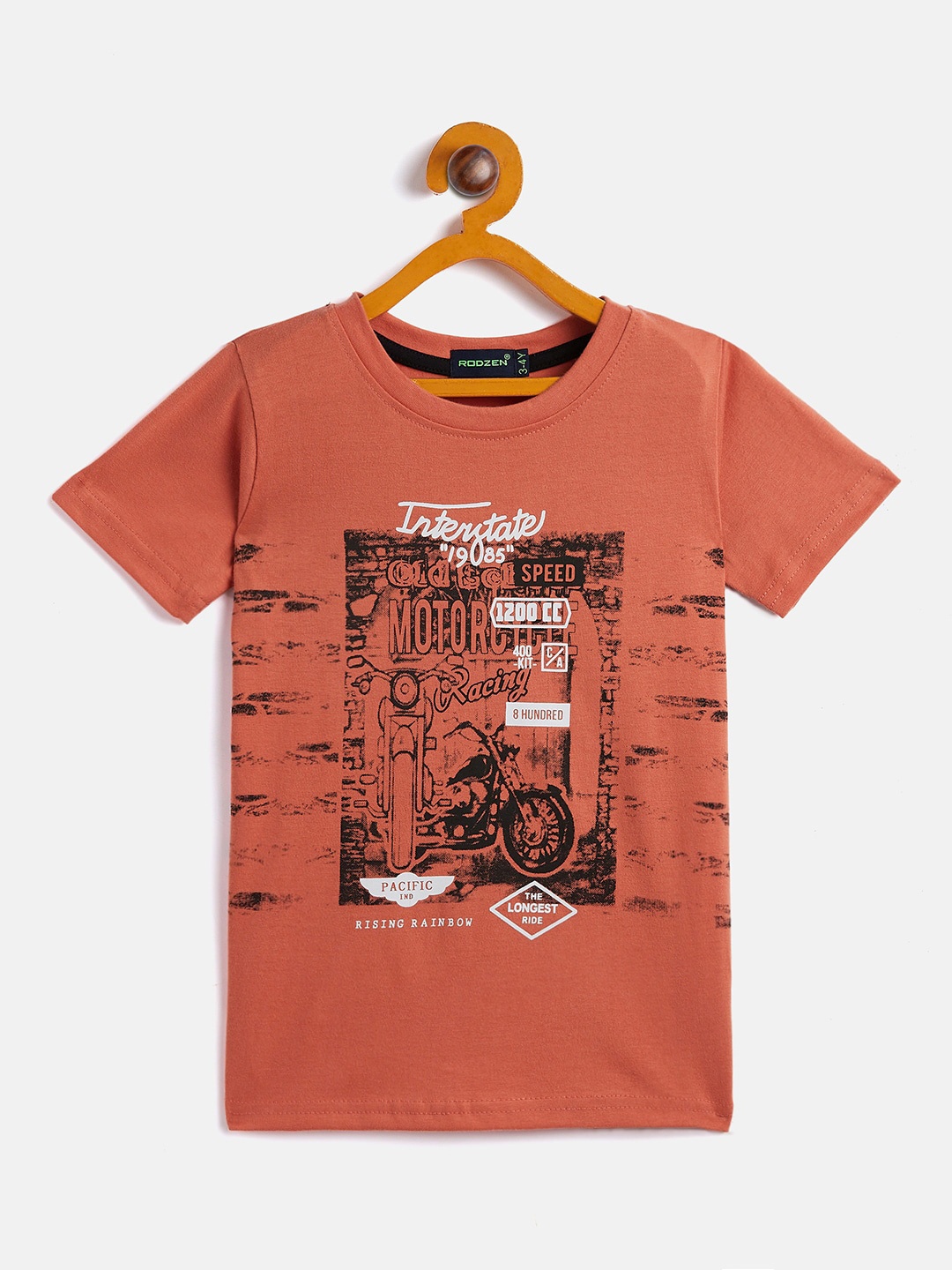 Rodzen Boys Orange Printed Cotton T-shirt