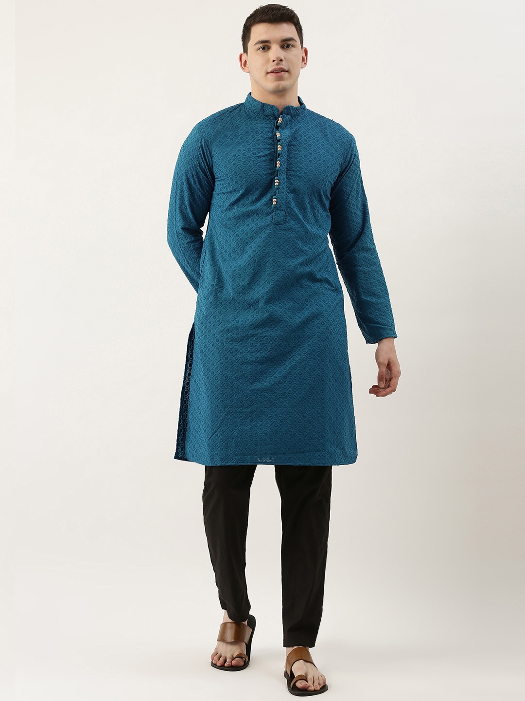 

SWAGG INDIA Men Blue Ethnic Motifs Embroidered Chikankari Kurta