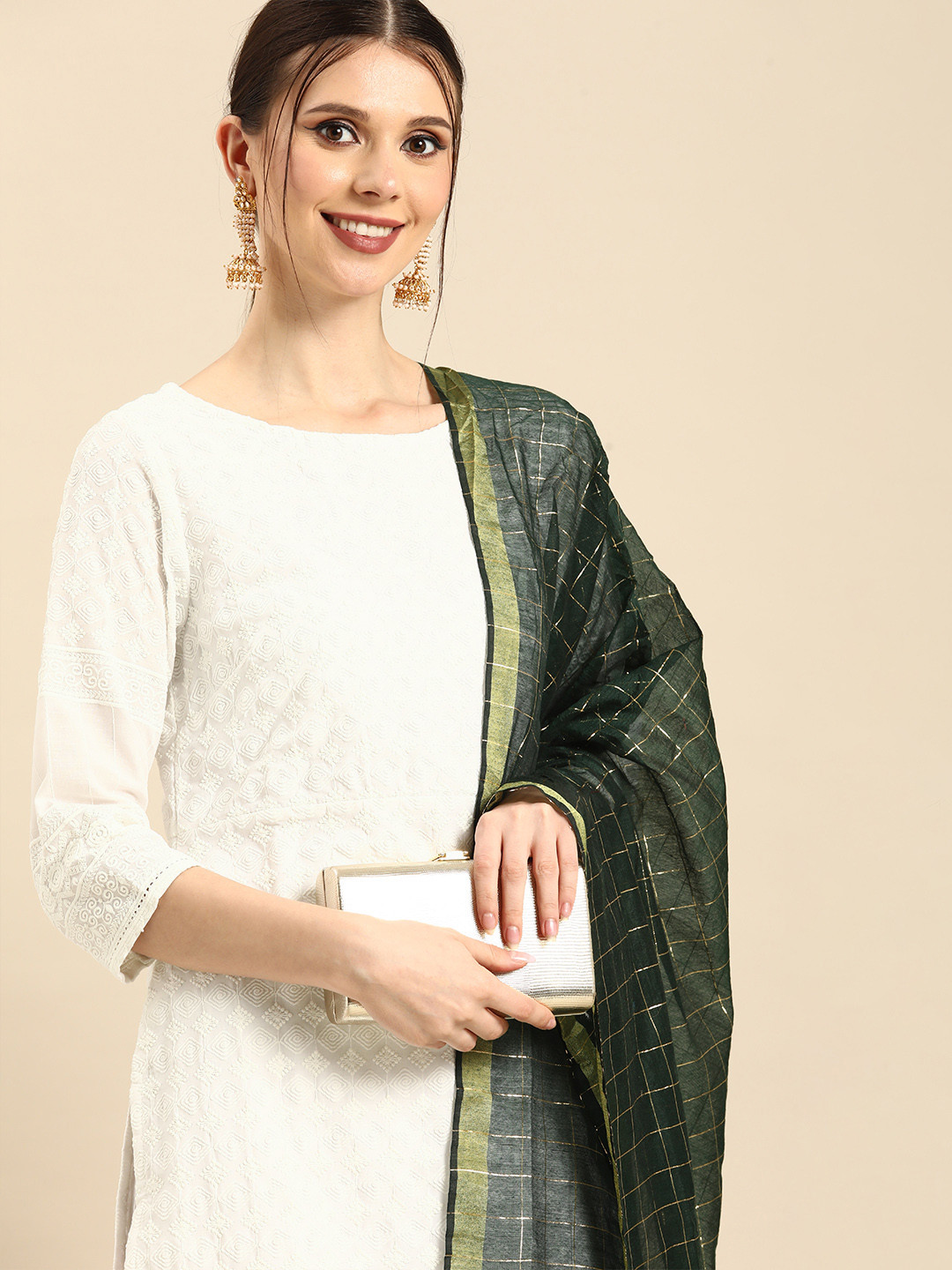 

Anouk Women White Chikankari Embroidered Cotton Straight Kurta Palazzos Dupatta