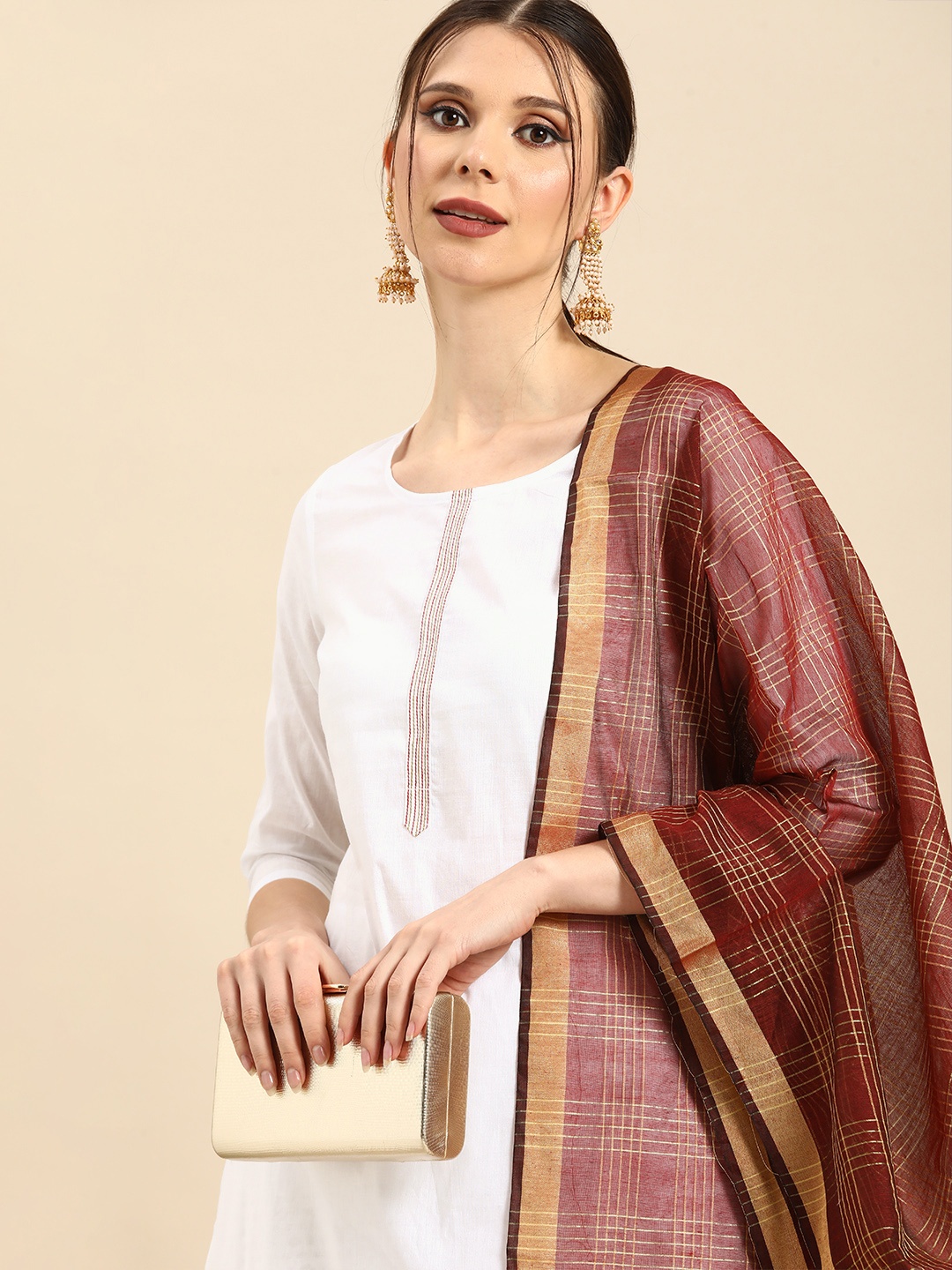 

Anouk Women White Embroidered Cotton Straight Kurta with Chikankari Palazzos & Dupatta