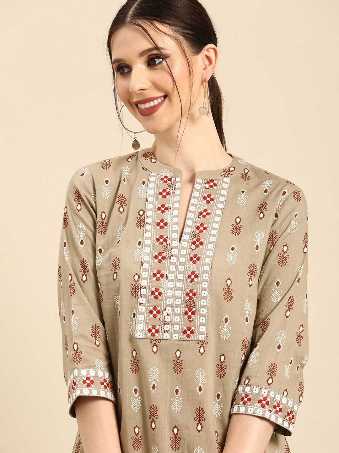 

Anouk Women Khaki & Maroon Ethnic Printed Mirror Work Cotton Straight Kurta with Palazzos