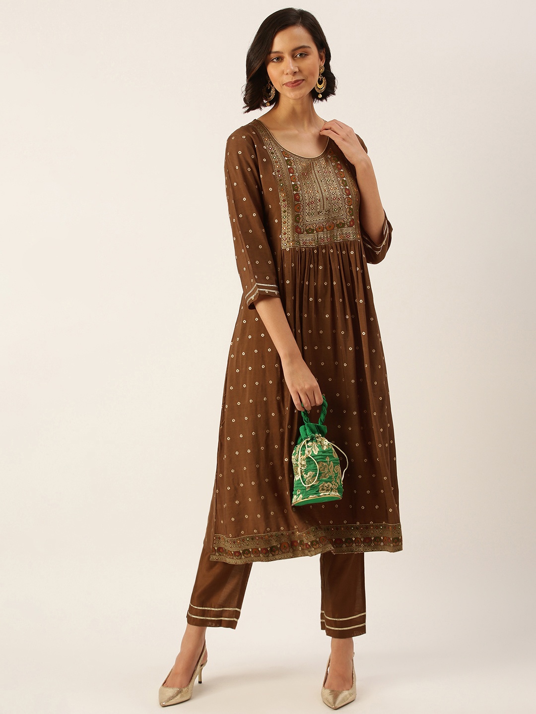 

SWAGG INDIA Women Olive Brown Embroidered Pleated Chanderi Silk Kurta with Trousers