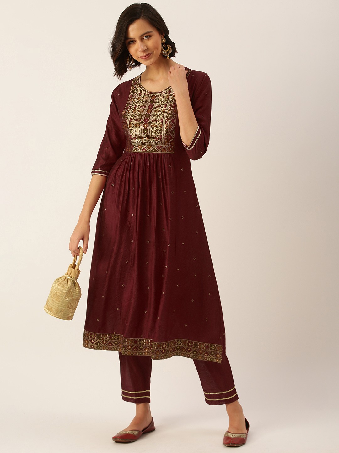 

SWAGG INDIA Women Maroon Embroidered Chanderi Silk Kurta with Trousers