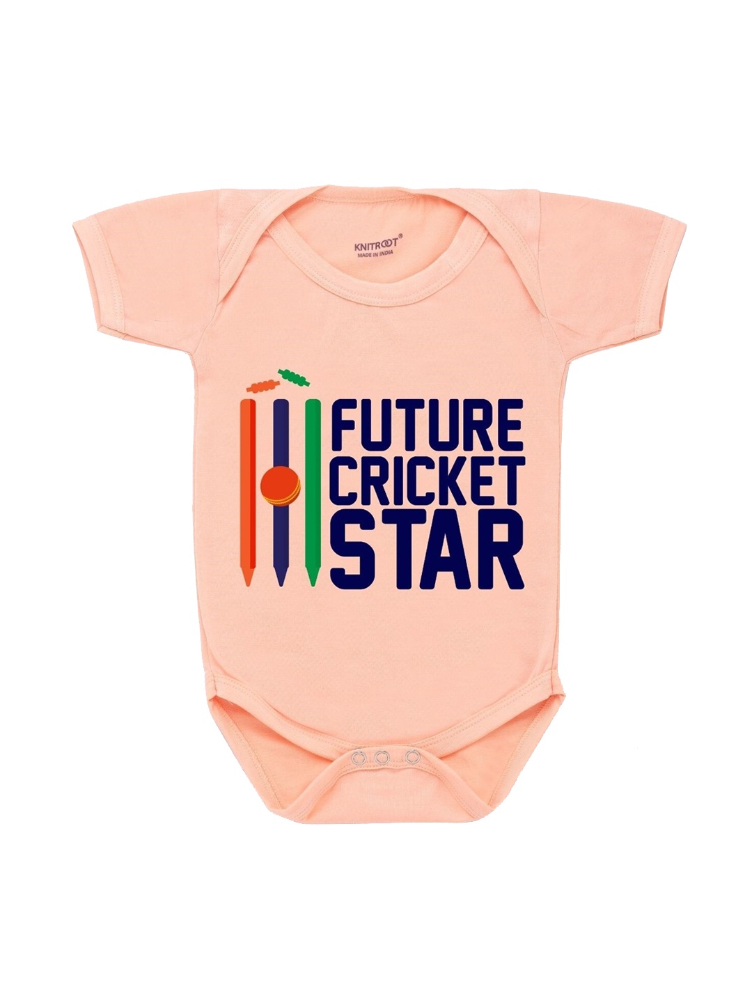 

KNITROOT Peach Cricket Star Printed Cotton Bodysuit