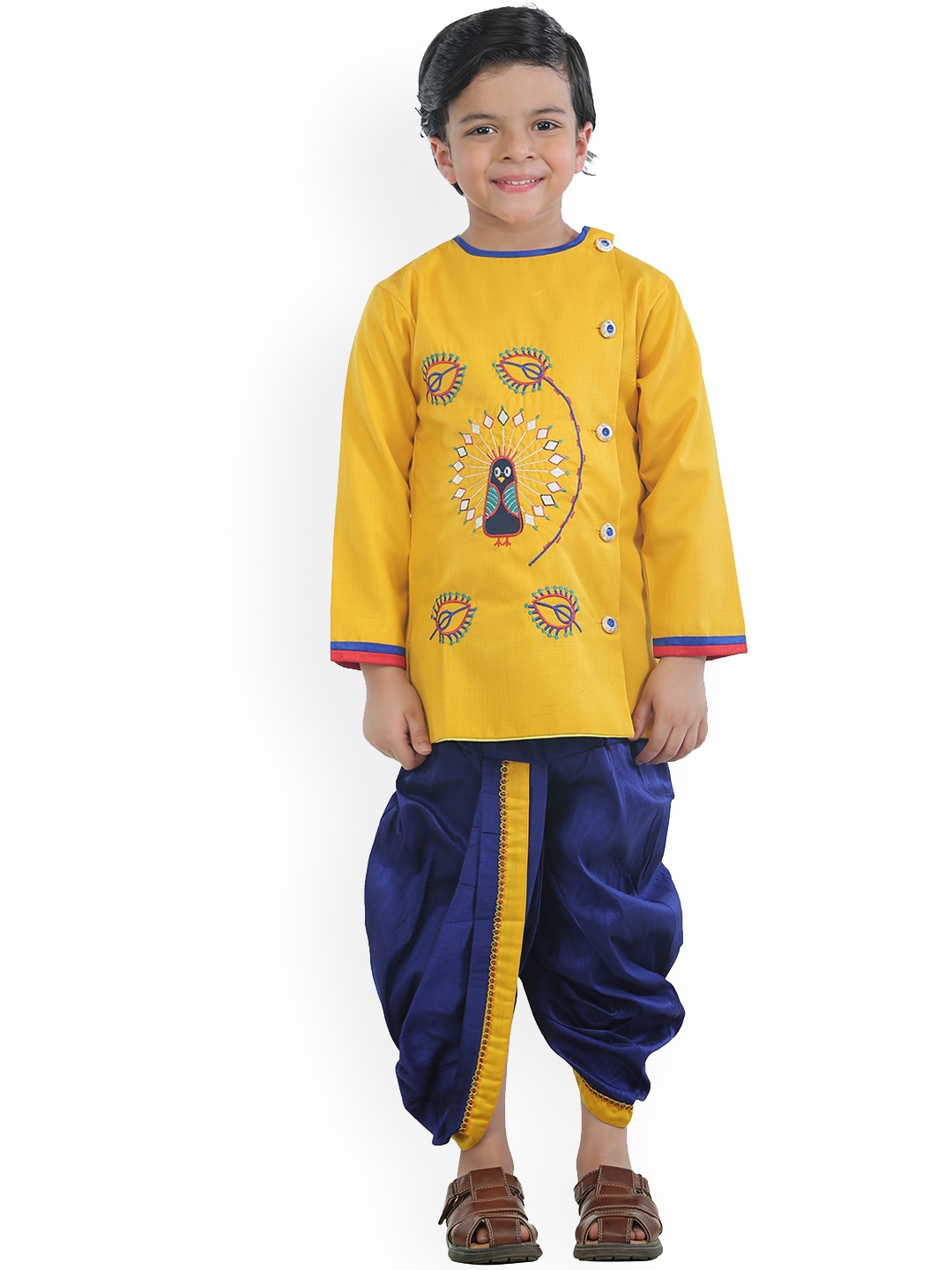 

ahhaaaa Boys Yellow & Navy Blue Ethnic Motifs Embroidered Cotton Blend Kurta Set