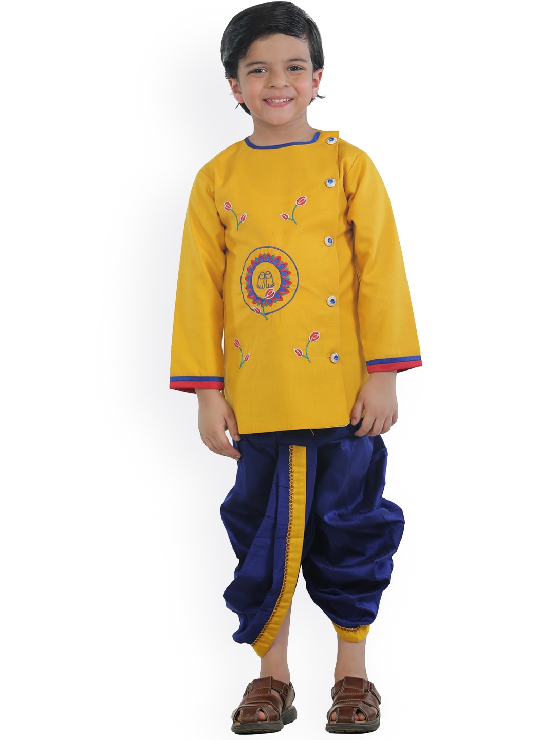 

ahhaaaa Boys Yellow & Blue Ethnic Motifs Embroidered Angrakha Kurta With Dhoti Pants