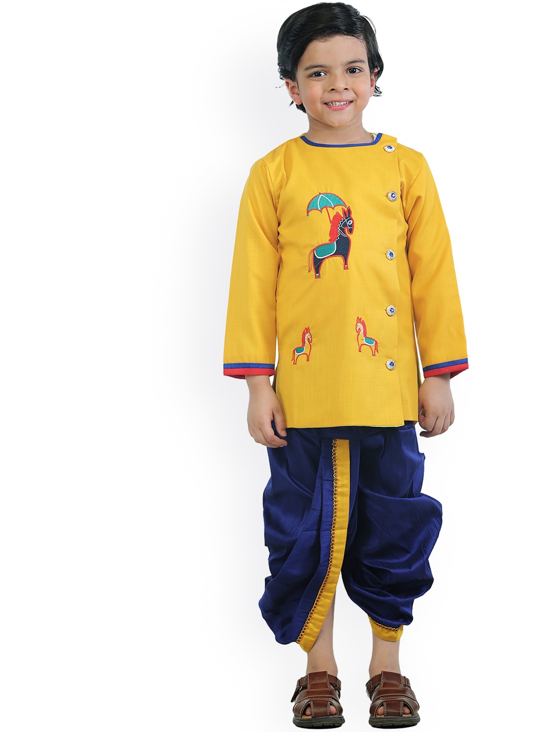 

ahhaaaa Boys Yellow Animal Embroidered Kurti with Dhoti Pants