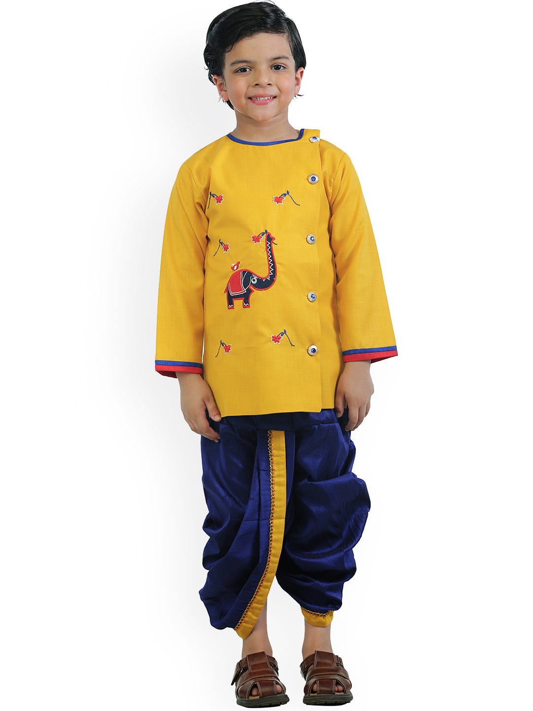 

ahhaaaa Boys Yellow & Blue Ethnic Motifs Embroidered Kurti with Dhoti Pants