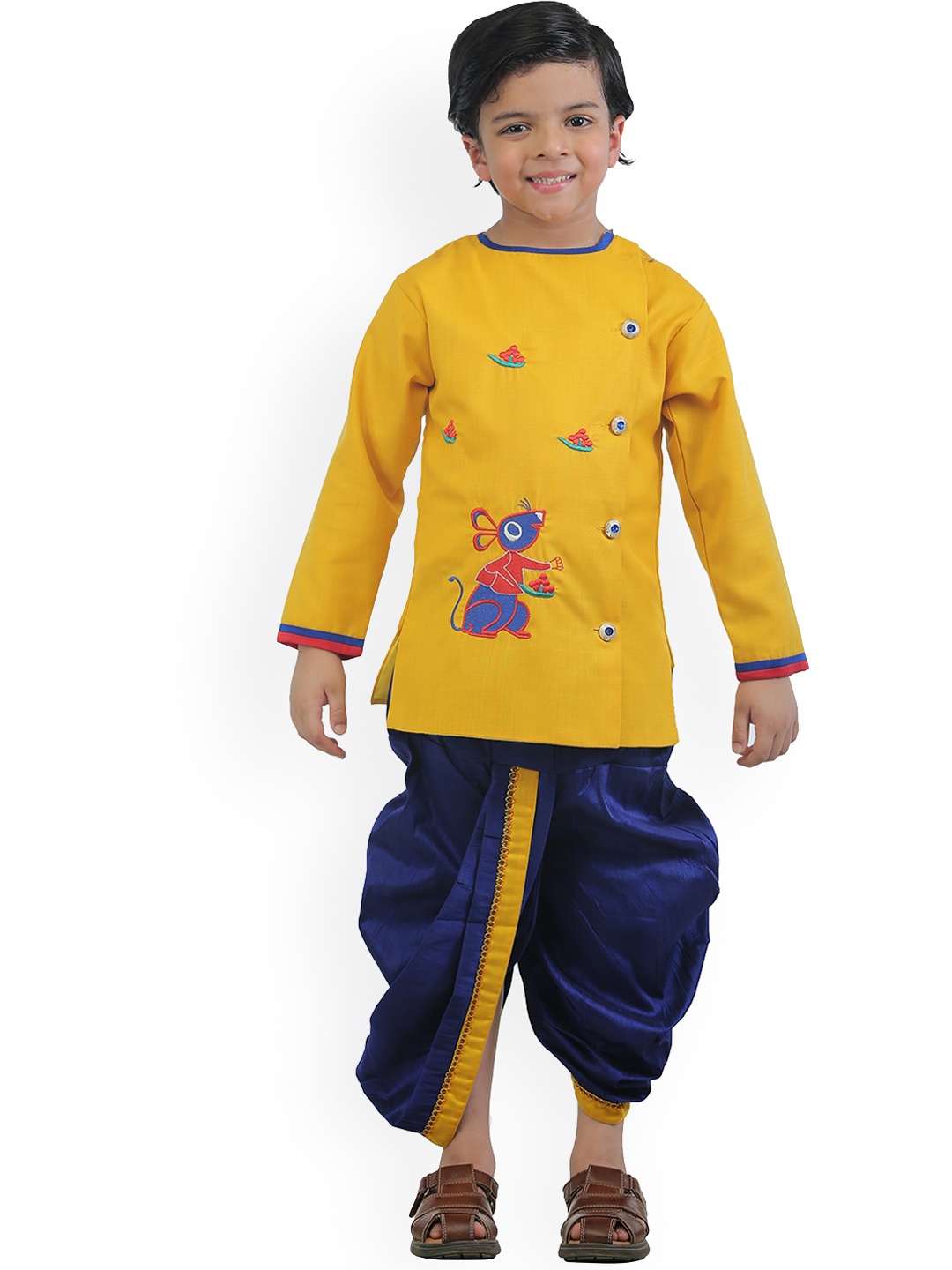 

ahhaaaa Boys Yellow Embroidered Thread Work Kurta with Dhoti Pants