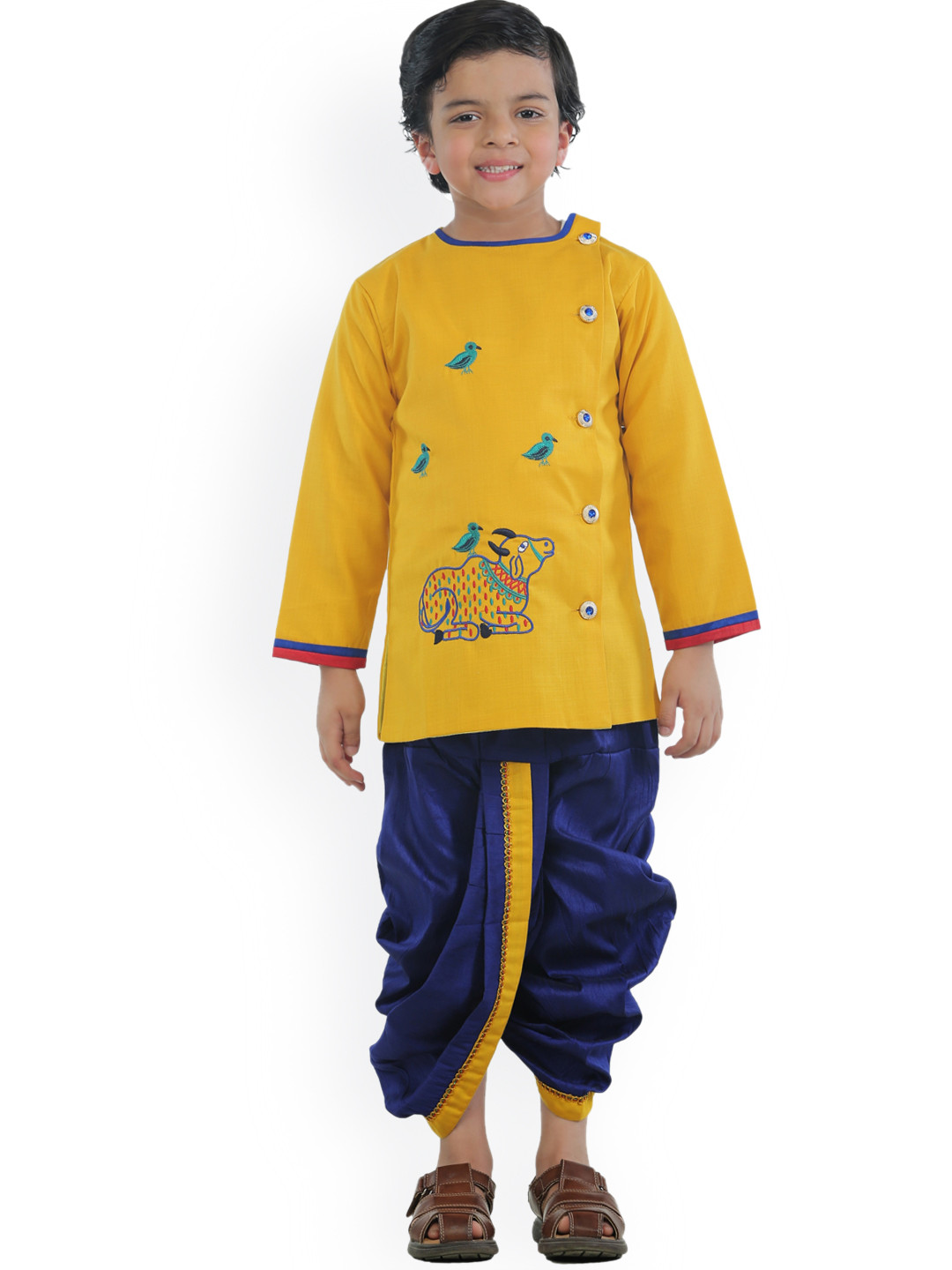 

ahhaaaa Boys Yellow Ethnic Motifs Embroidered Kurta with Dhoti Pants