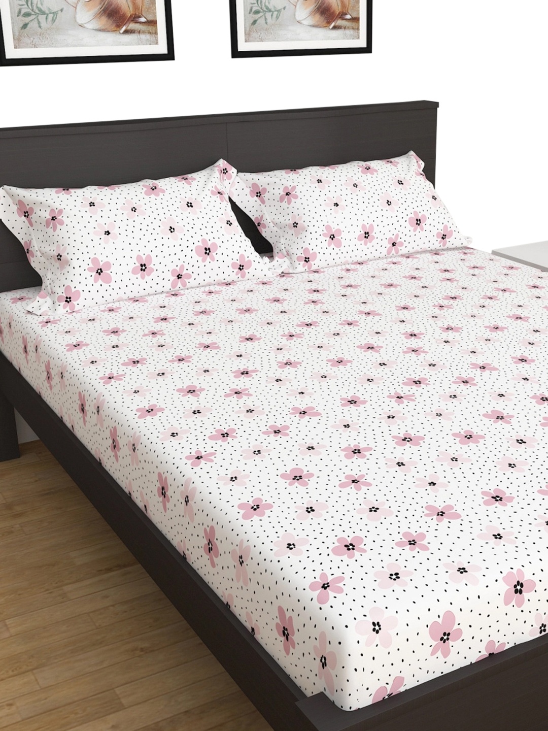 

Home Centre White & Pink Printed Cotton 210 TC Queen Bedsheet & 2 Pillow Covers