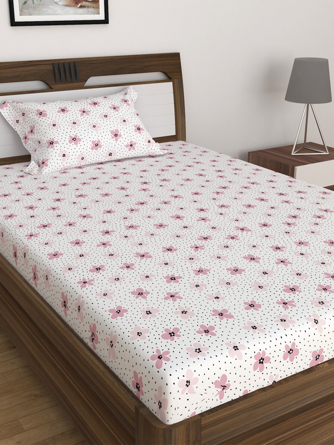 

Home Centre White & Pink Floral 210 TC Single Bedsheet with 1 Pillow Covers