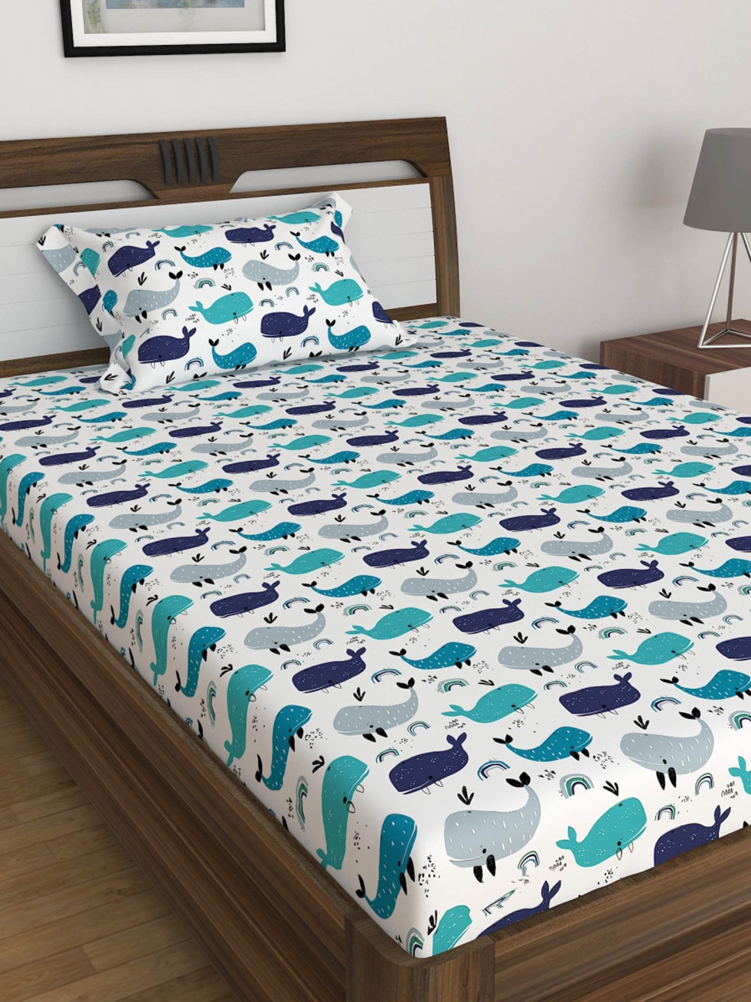 

Home Centre White & Blue Printed 210 TC Single Bedsheet with 1 Pillow Covers