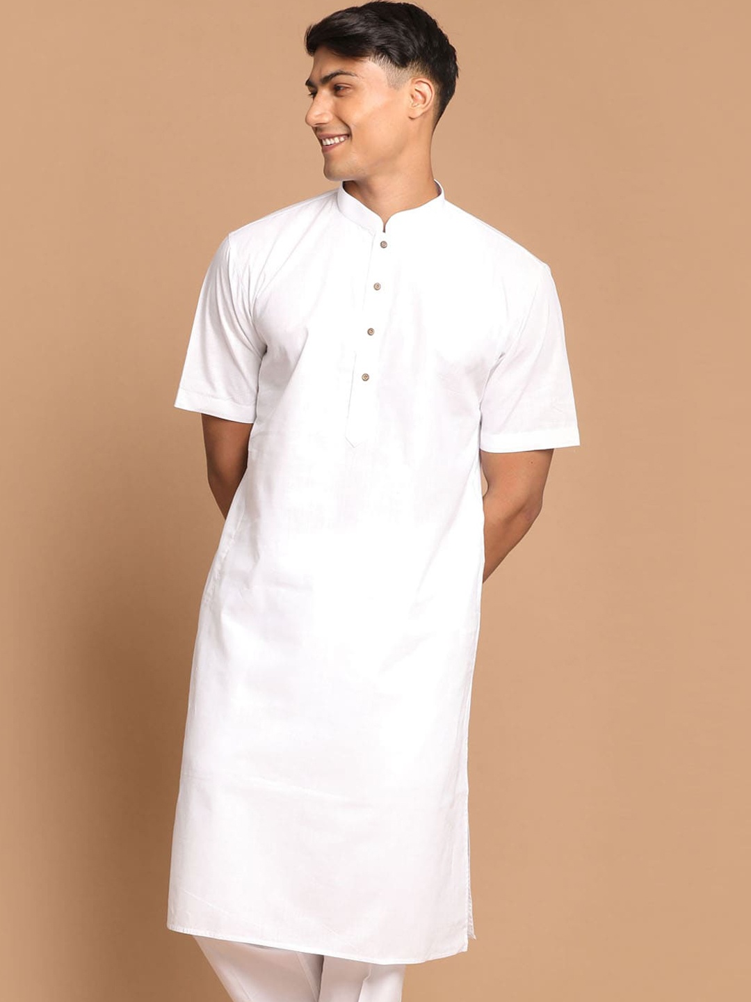 

VASTRAMAY Men White Solid Cotton Linen Blend Half Sleeves Kurta