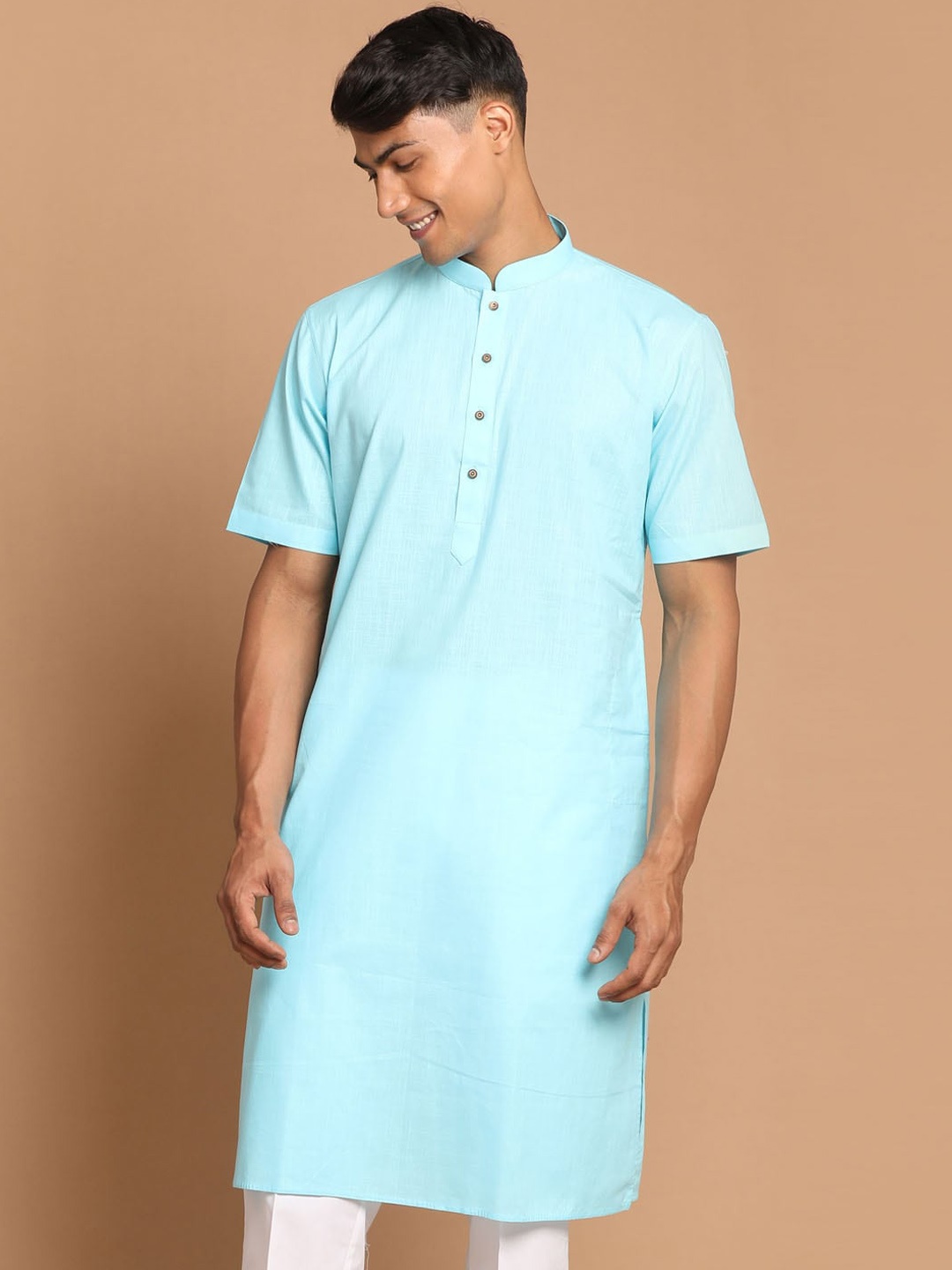 

VASTRAMAY Men Turquoise Blue & White Cotton Linen Half Sleeves Kurta