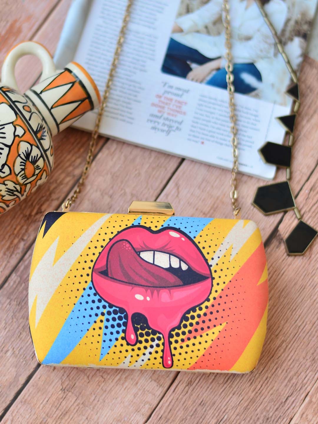 

ARTKLIM Yellow & Red Printed Box Clutch