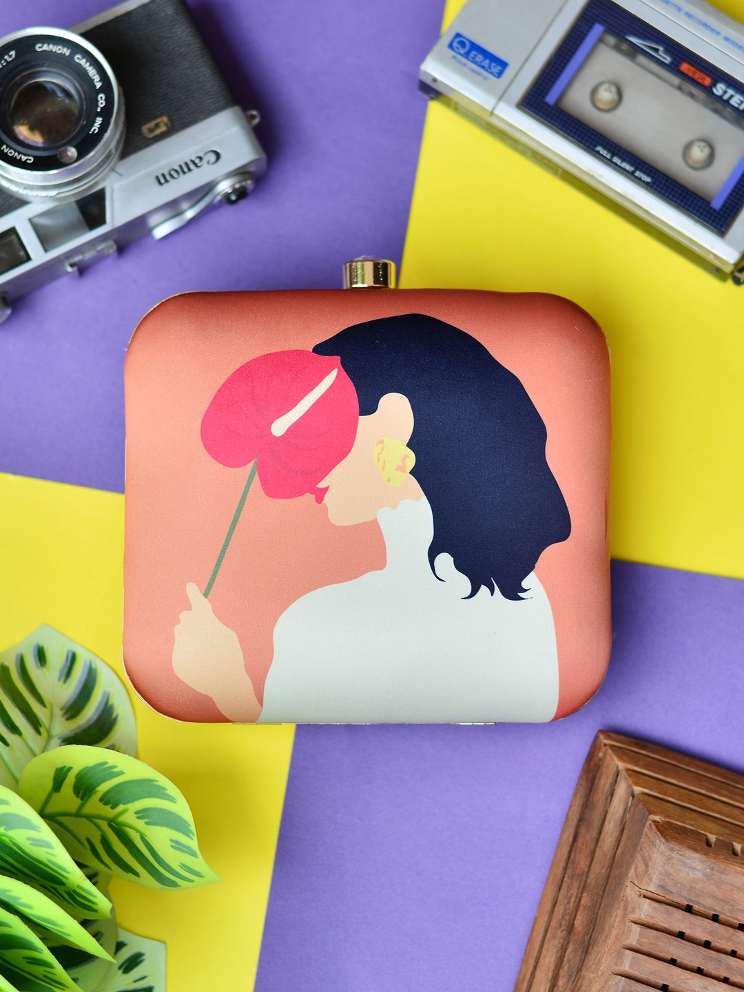 

ARTKLIM Orange & White Shy Woman Portrait Printed Box Clutch