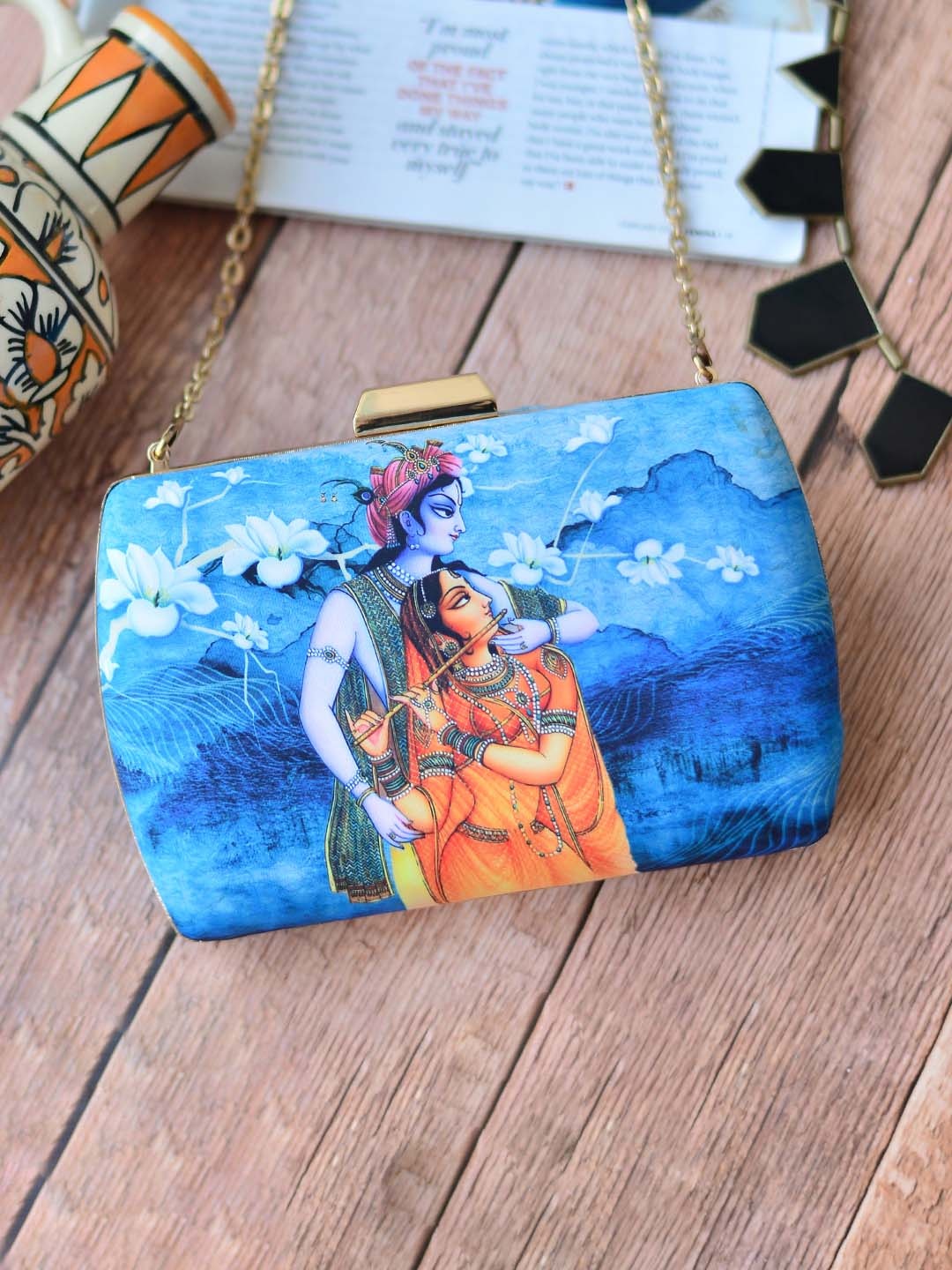 ARTKLIM Blue & Orange Radha Krishna Printed Box Clutch