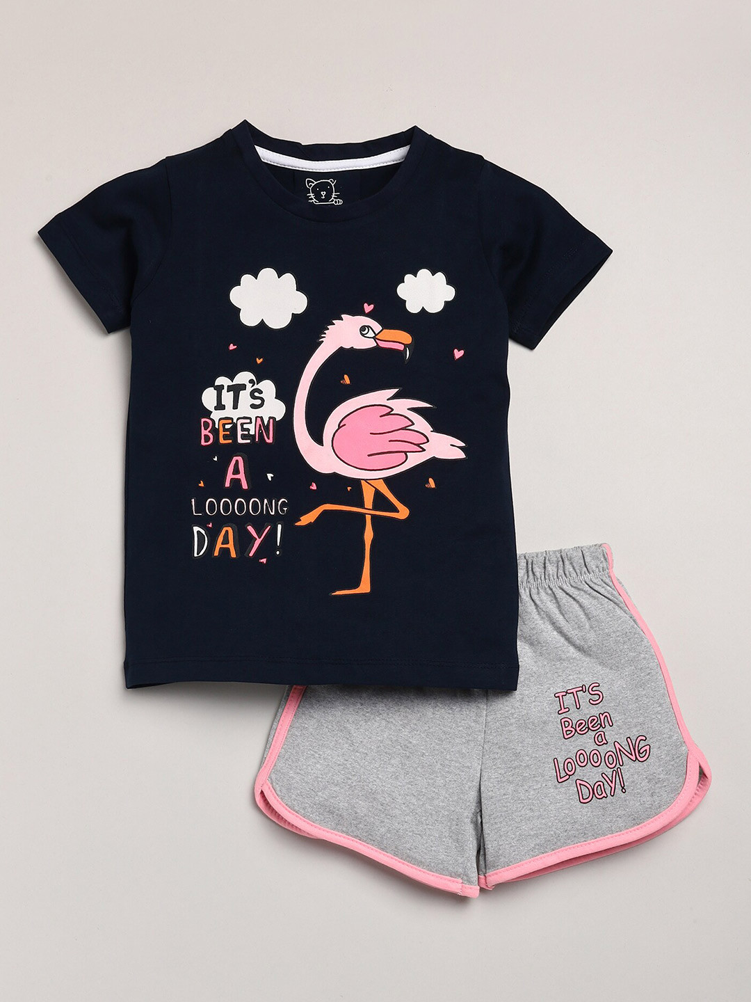 

Lazy Shark Girls Navy Blue & Grey Melange Printed T-shirt with Shorts
