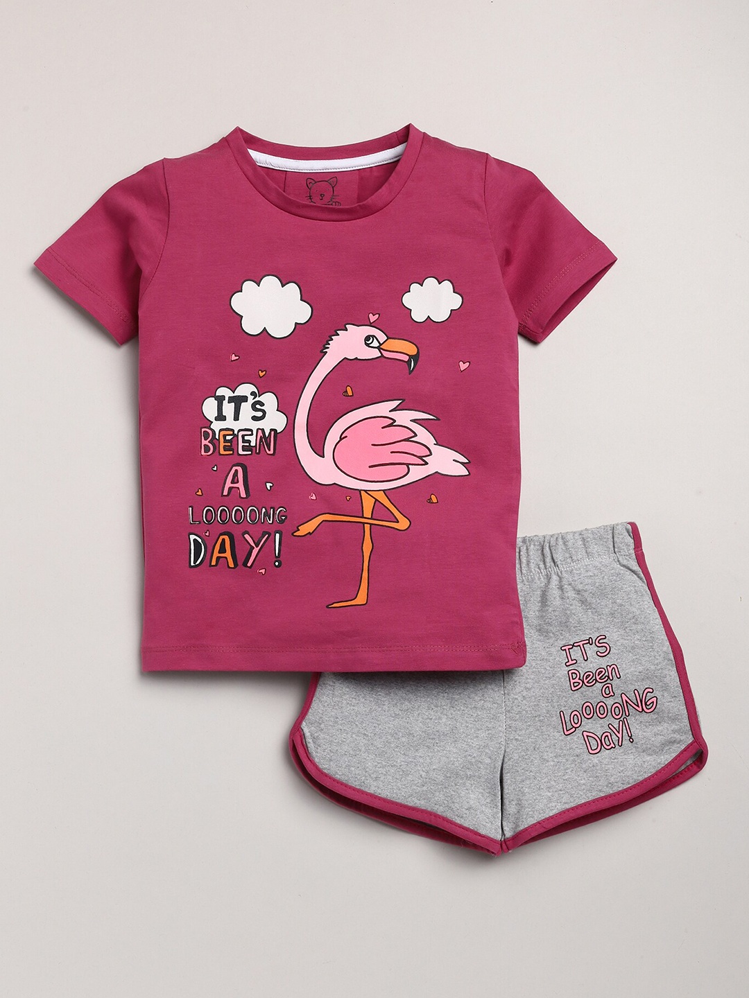 

Lazy Shark Girls Maroon & Grey Printed T-shirt with Shorts