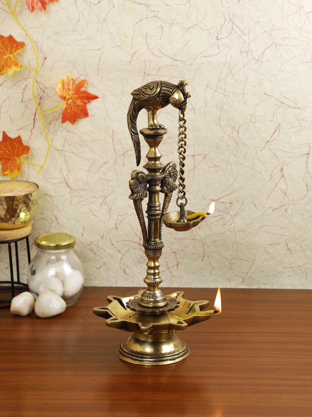 

Imli Street Gold Toned Brass Big Twin Parrot Lamp With Chain Diya