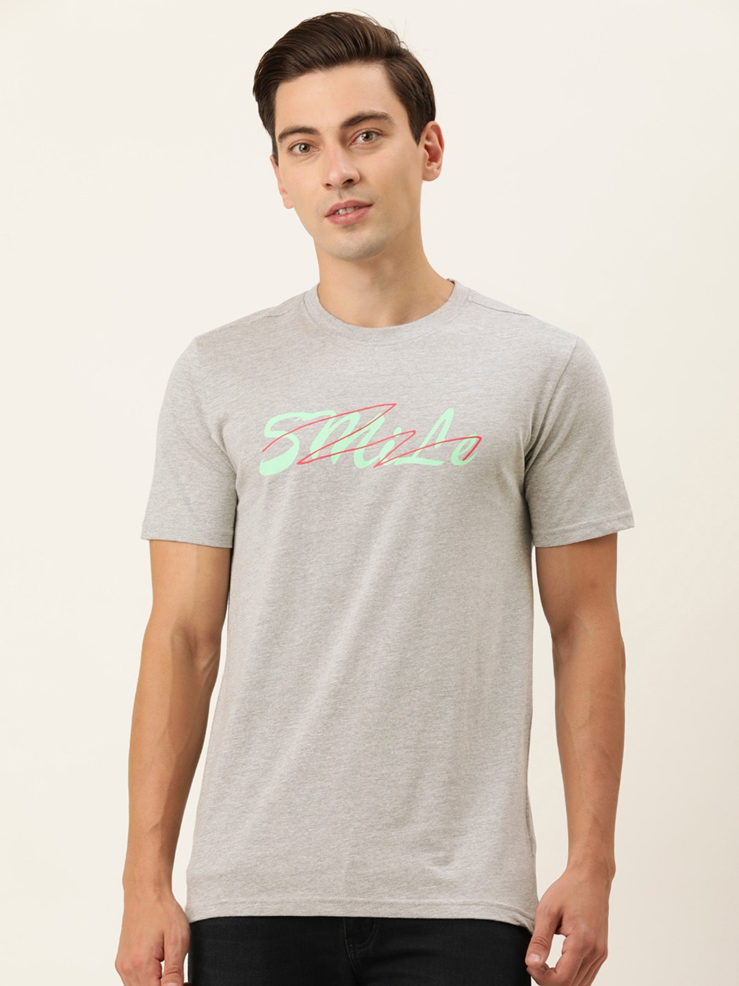 

FOREVER 21 Men Grey Melange Typography Printed Applique T-shirt